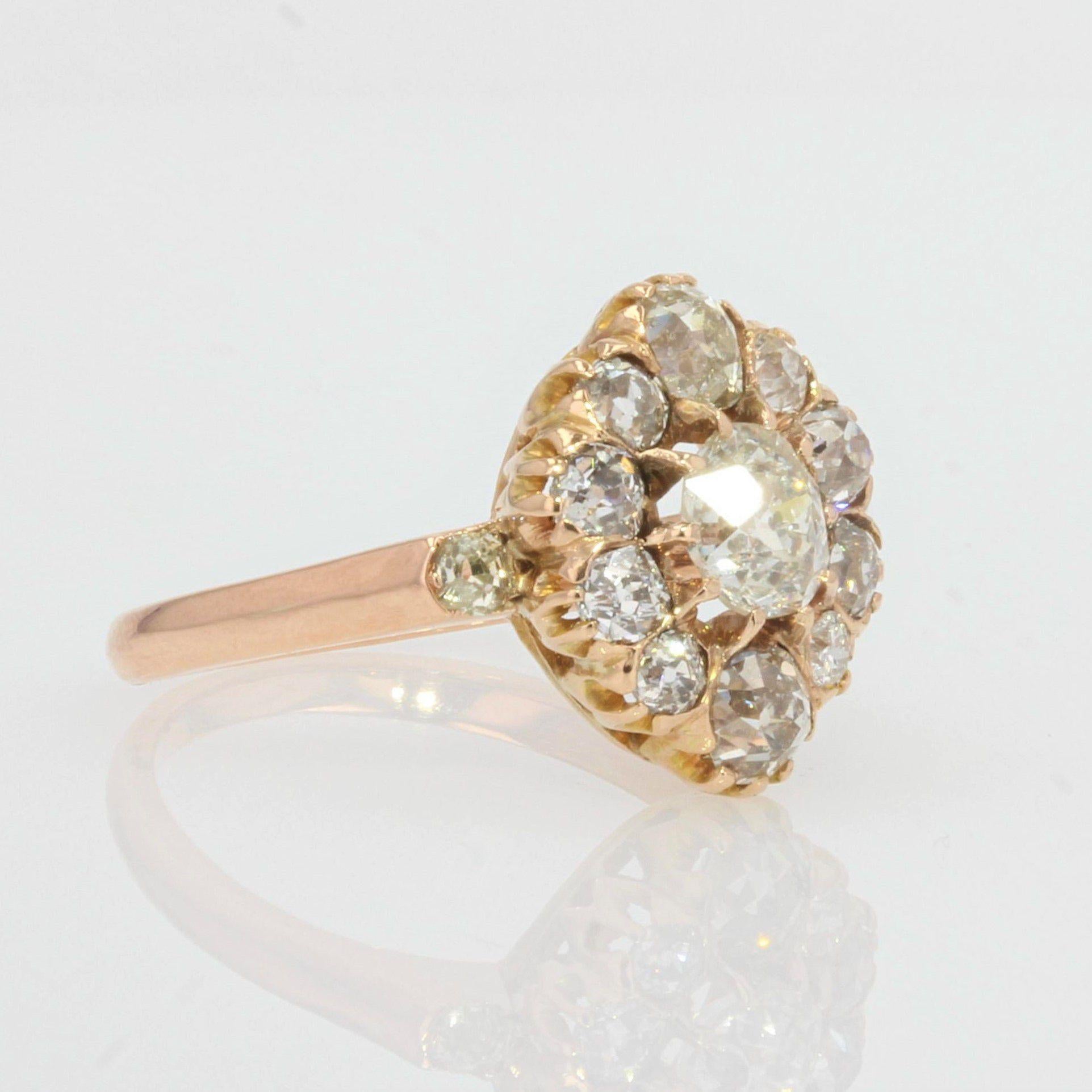 19th Century Diamonds 14 Karat Rose Gold Pompadour Ring In Good Condition In Poitiers, FR