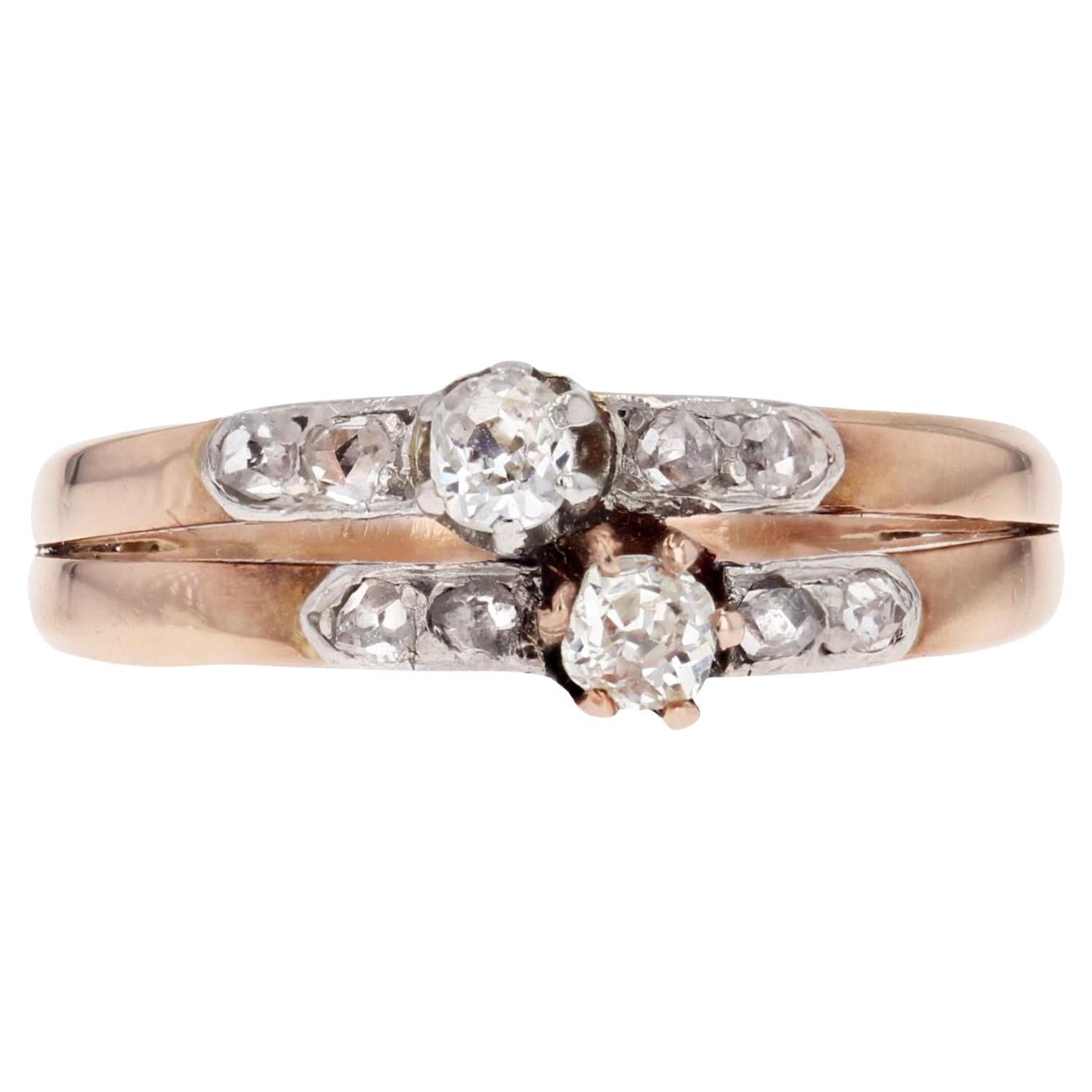 19th Century Diamonds 18 Karat Rose Gold You and Me Ring For Sale