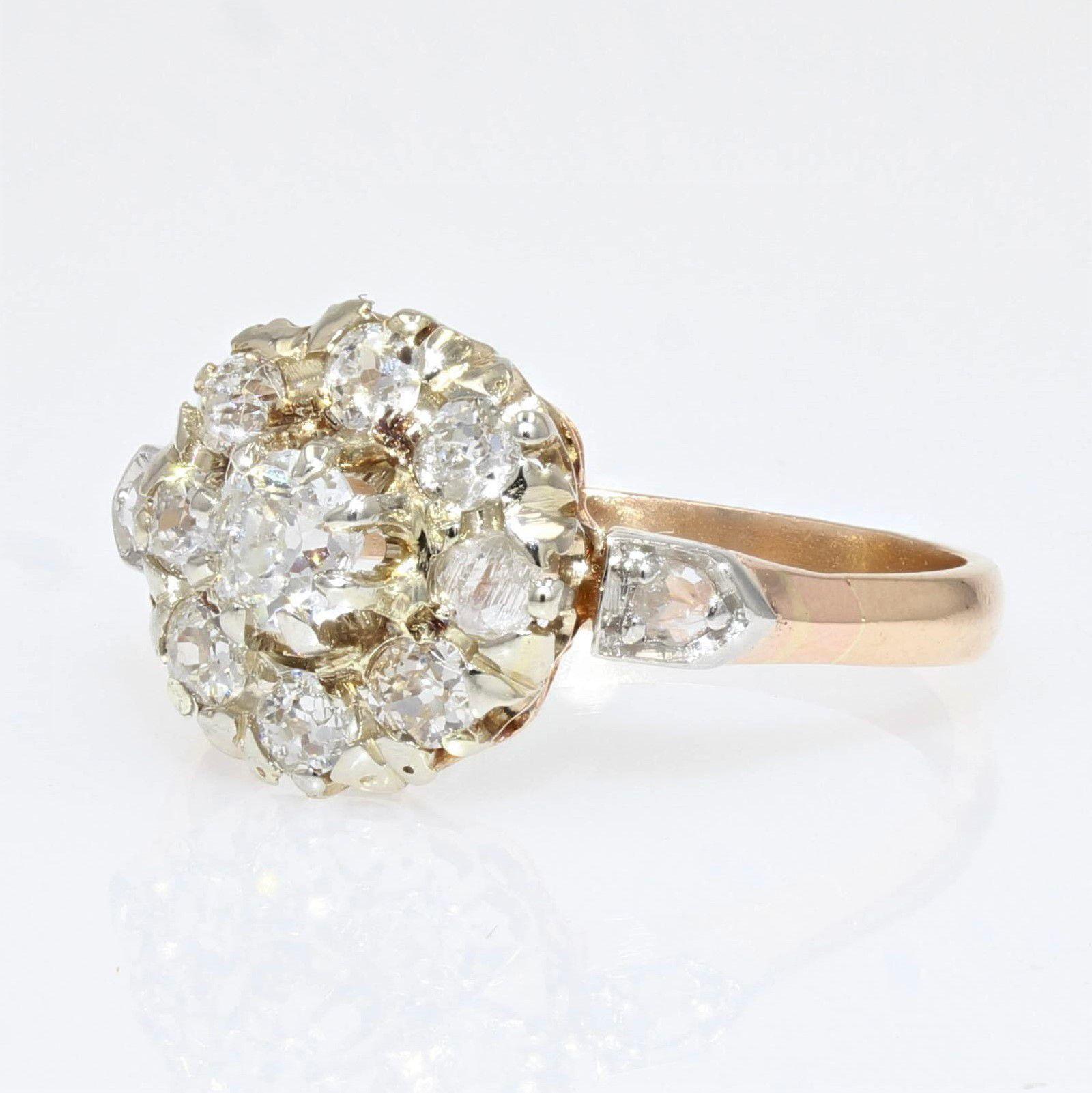 Women's 19th Century Diamonds 18 Karat Yellow Gold Engagement Daisy Ring