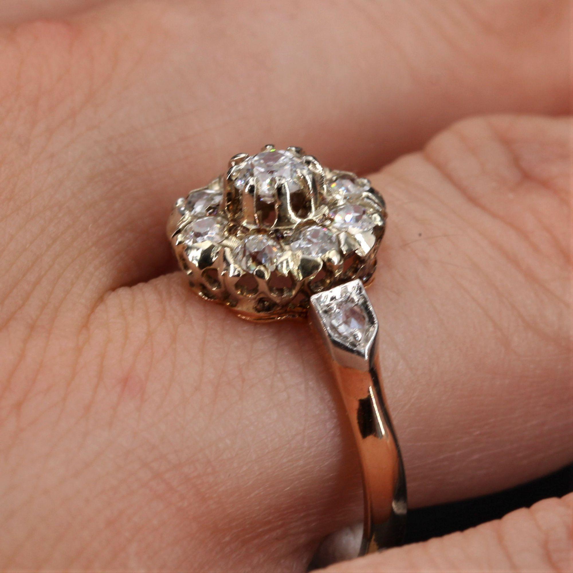 19th Century Diamonds 18 Karat Yellow Gold Engagement Daisy Ring 3