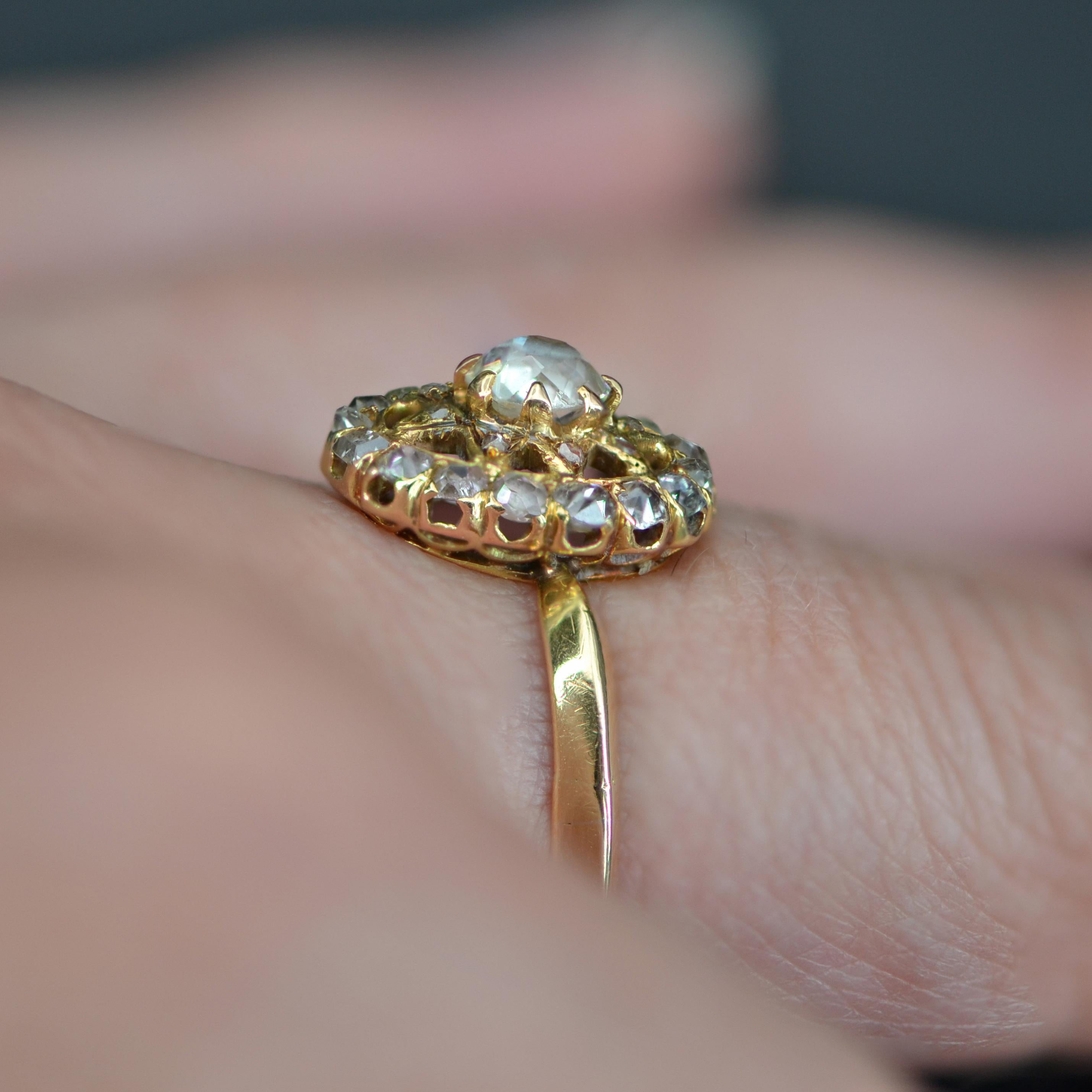 Women's 19th Century Diamonds 18 Karat Yellow Gold Starry Pompadour Ring For Sale