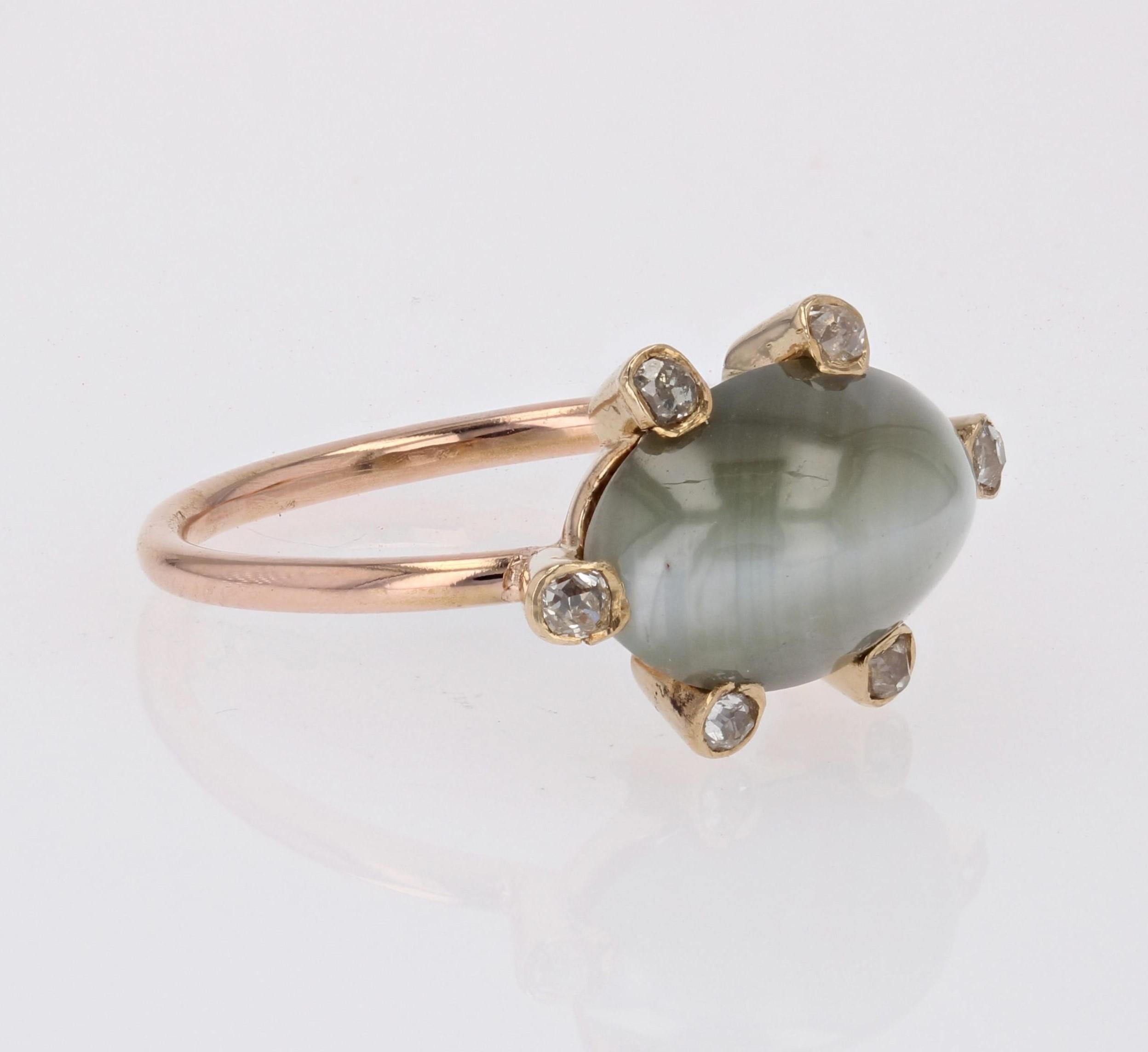 19th Century Diamonds Chrysoberyl Cat's Eye 18 Karat Rose Gold Ring For Sale 5