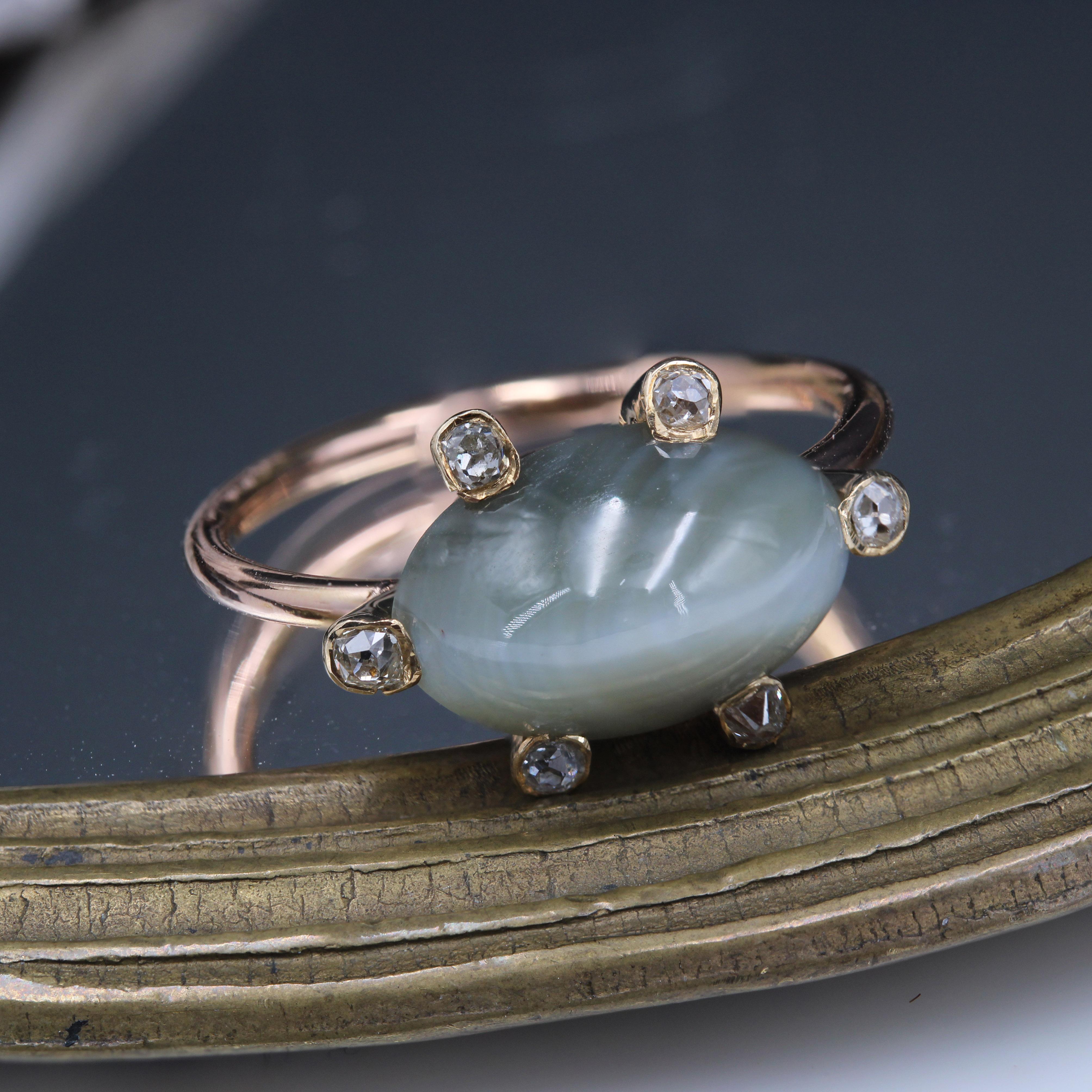 19th Century Diamonds Chrysoberyl Cat's Eye 18 Karat Rose Gold Ring For Sale 8