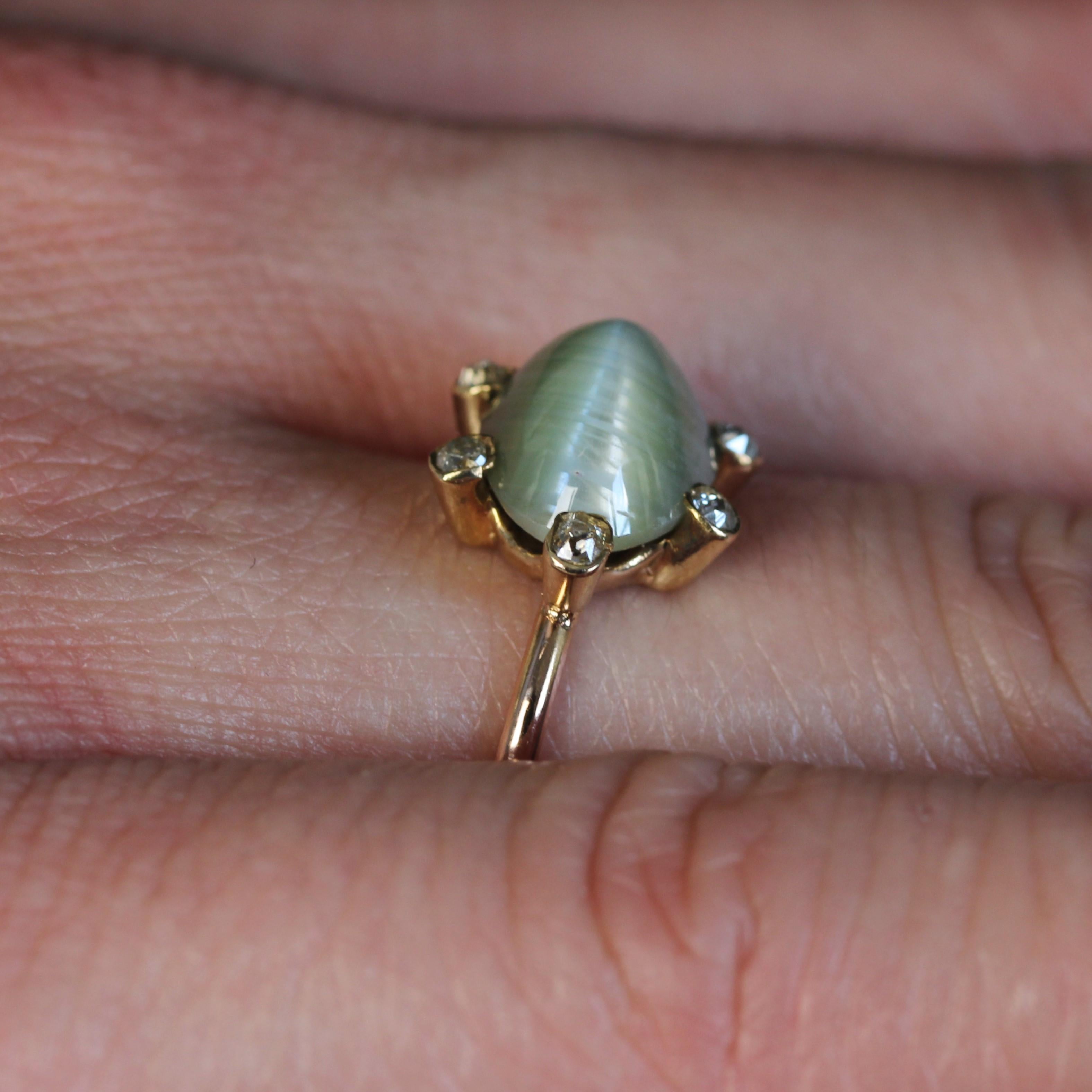 19th Century Diamonds Chrysoberyl Cat's Eye 18 Karat Rose Gold Ring For Sale 9