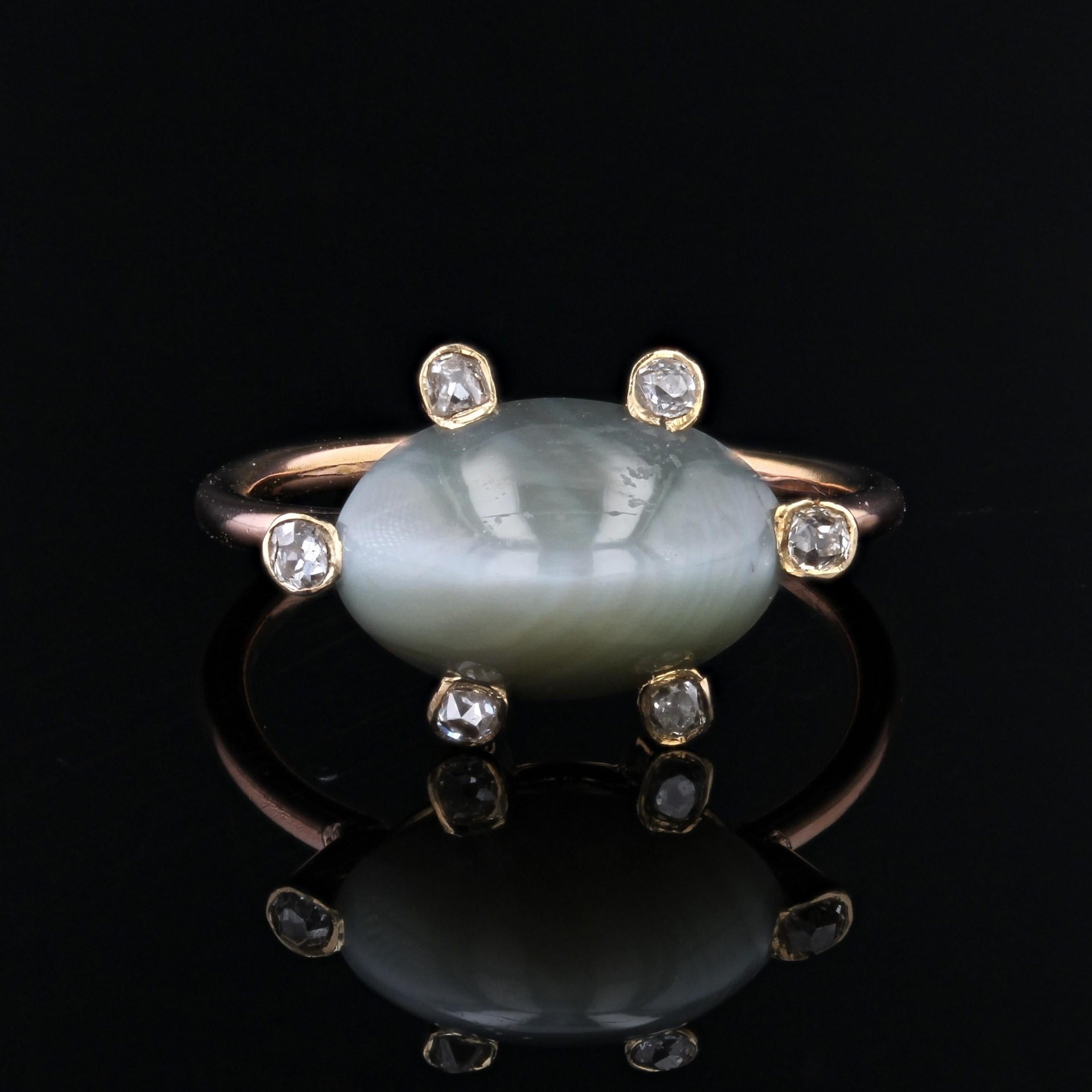 19th Century Diamonds Chrysoberyl Cat's Eye 18 Karat Rose Gold Ring In Good Condition For Sale In Poitiers, FR