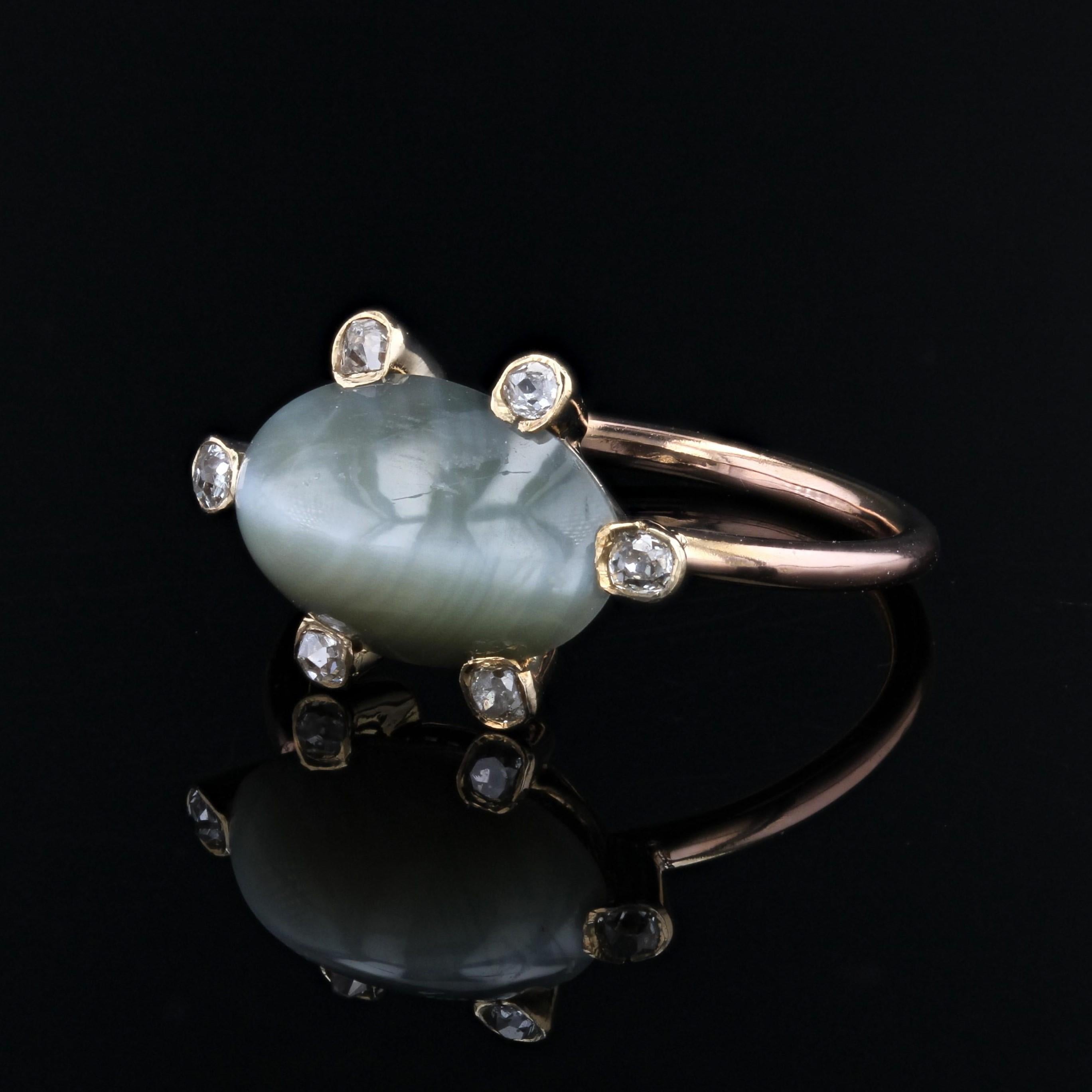 19th Century Diamonds Chrysoberyl Cat's Eye 18 Karat Rose Gold Ring For Sale 1
