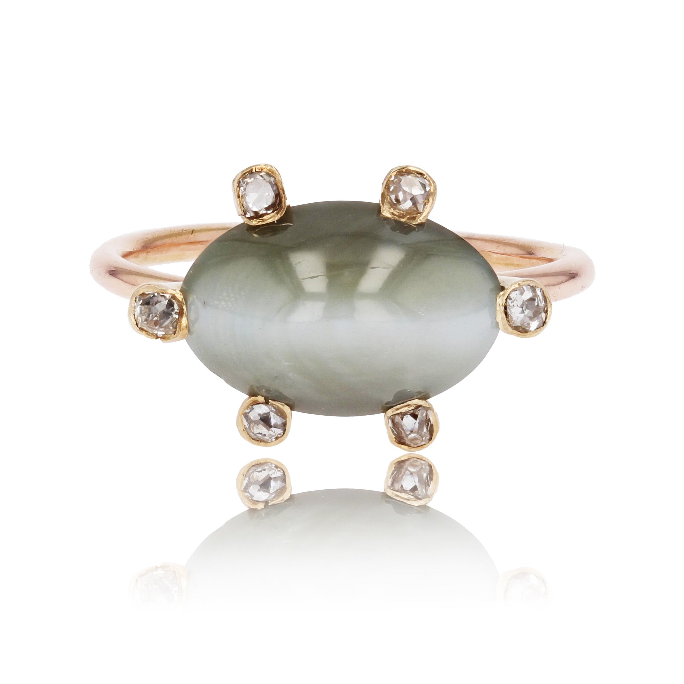 18 Karat Roségold Ring mit Diamanten und Chrysoberyll Katzenauge aus dem 19. Jahrhundert