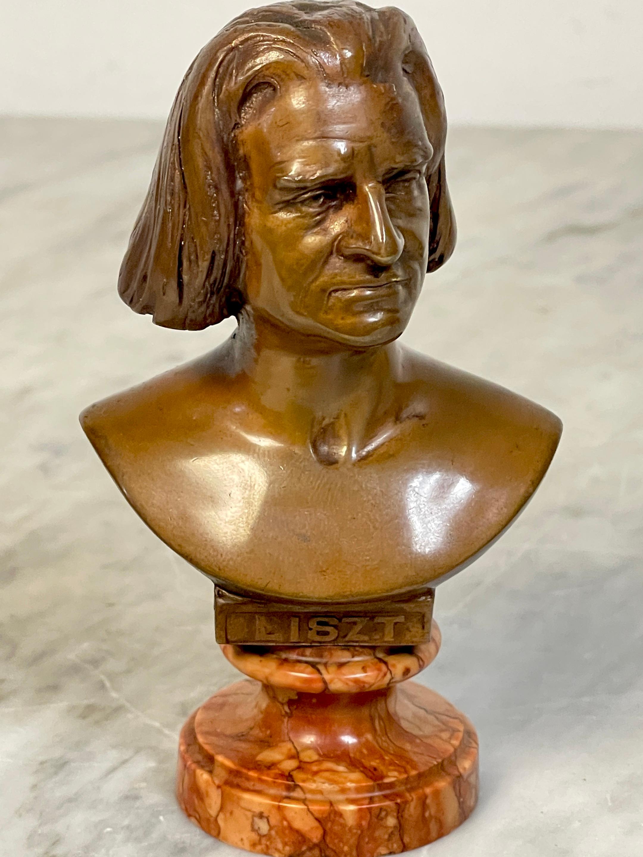 19th Century Diminutive Bronze & Marble Portrait Bust of Franz Liszt
Germany, Late 19th Century

A splendid bronze bust of famed composer Franz Liszt in later life. A handsome 3/4 bust redention depicting Liszt with his long hair. Complete with