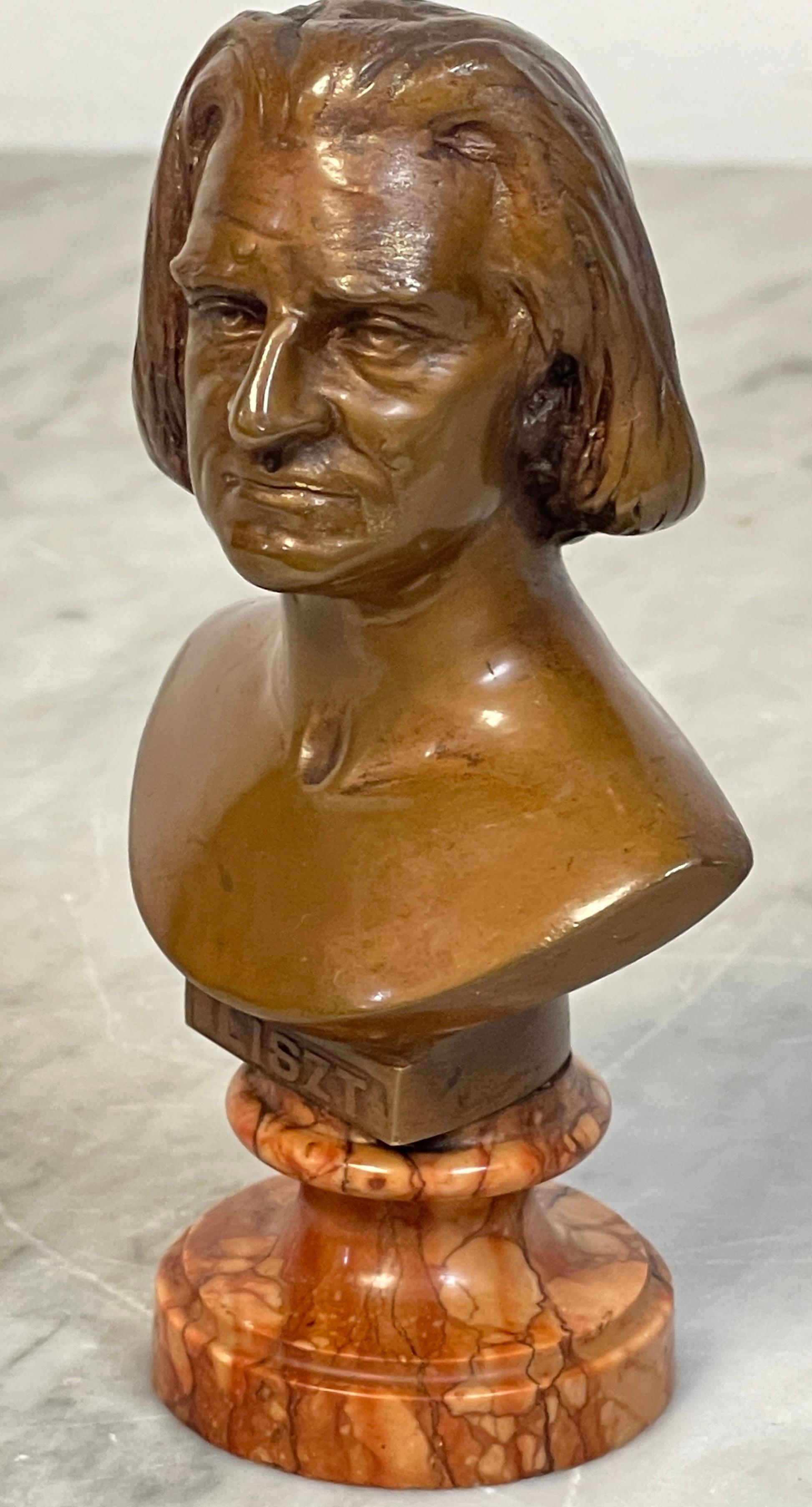 Carved 19th Century Diminutive Bronze & Marble Portrait Bust of Franz Liszt For Sale