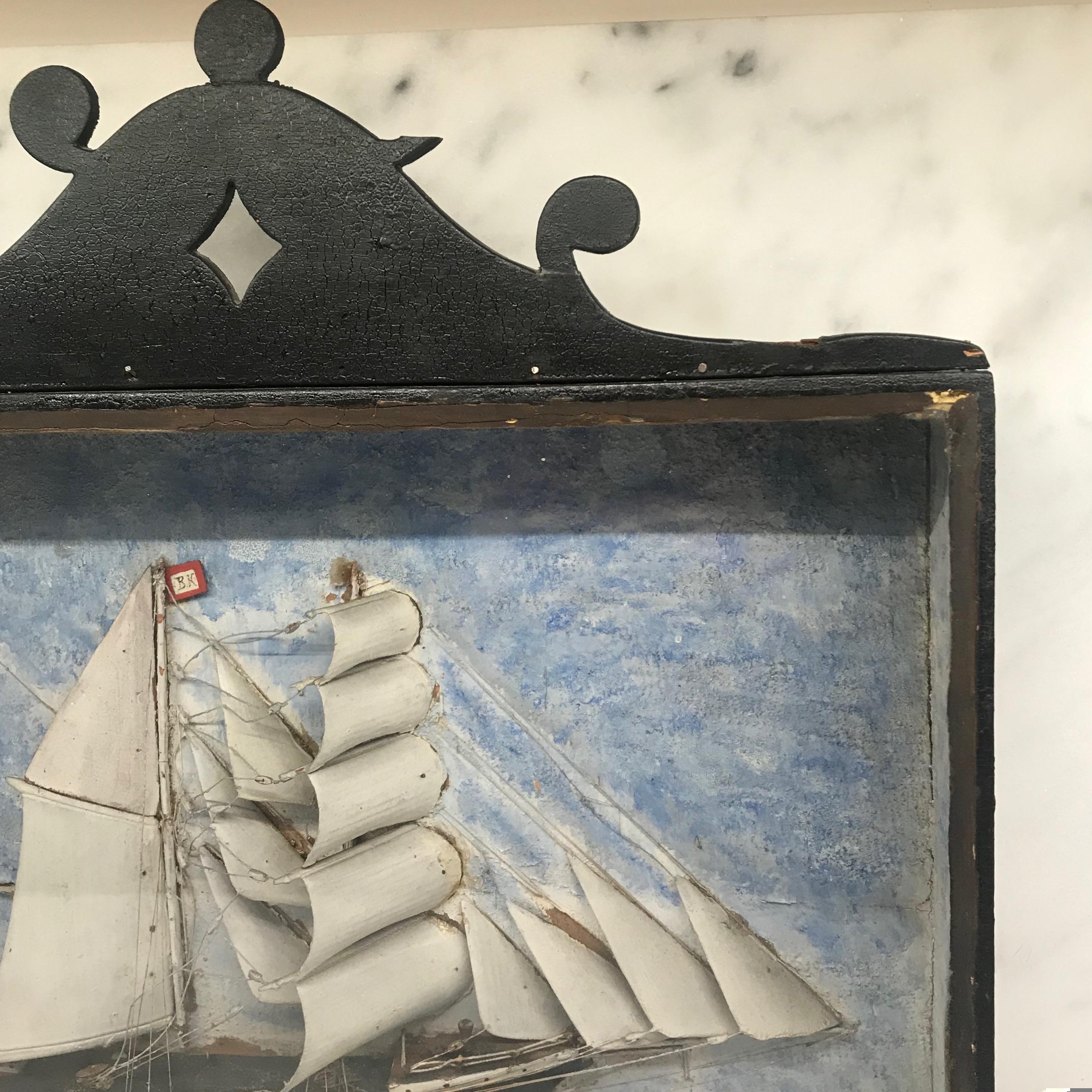 Glass 19th Century Diorama Shadow Box of Sailing Vessel