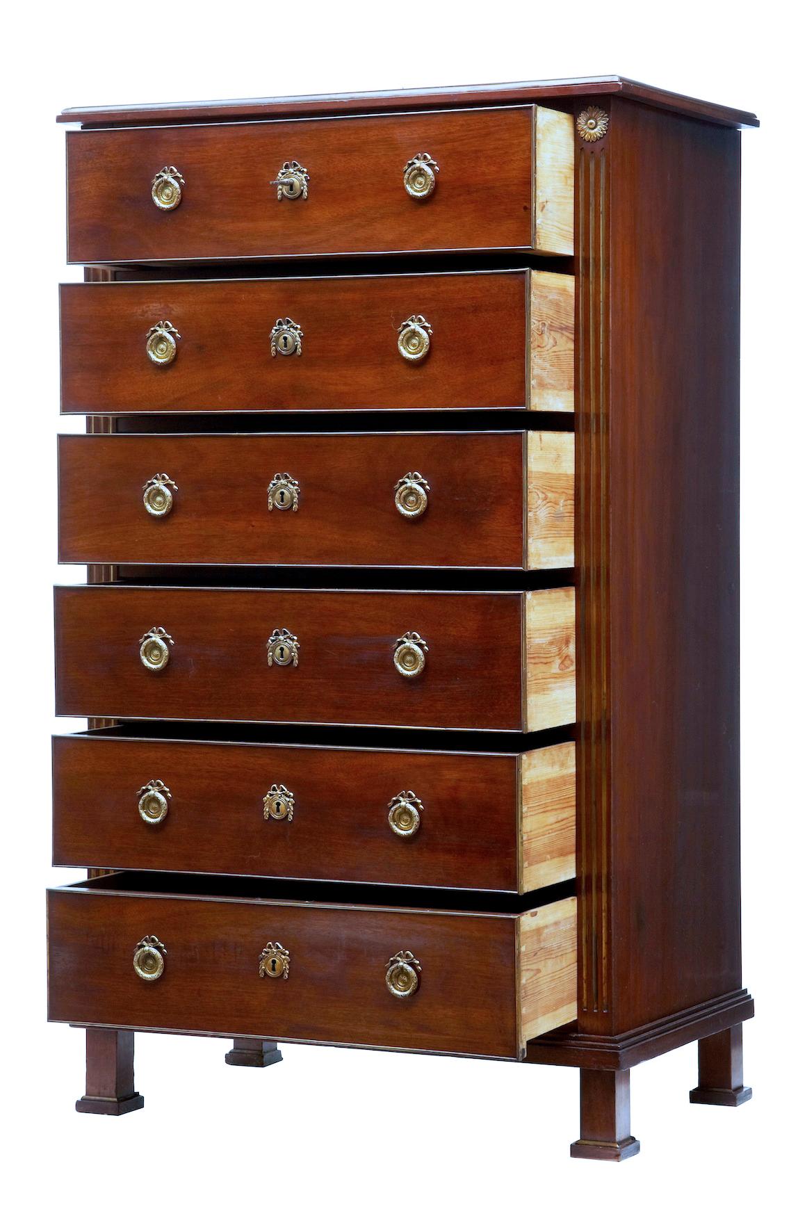 Swedish 19th Century Directoire Influenced Mahogany Tall Chest of Drawers