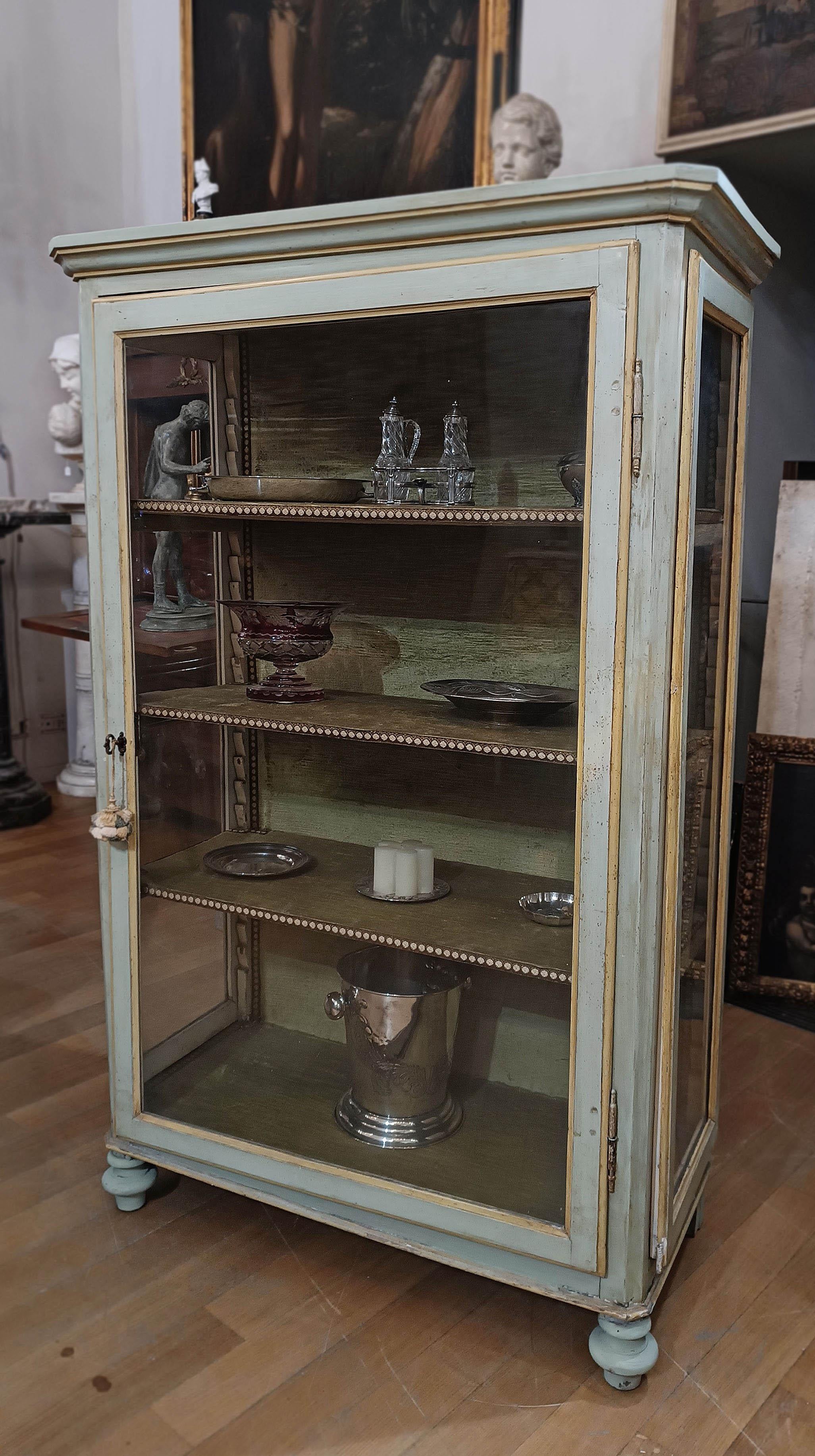  19th CENTURY DISPLAY CABINET IN PAINTED GREEN AND YELLOW POPLAR  For Sale 3