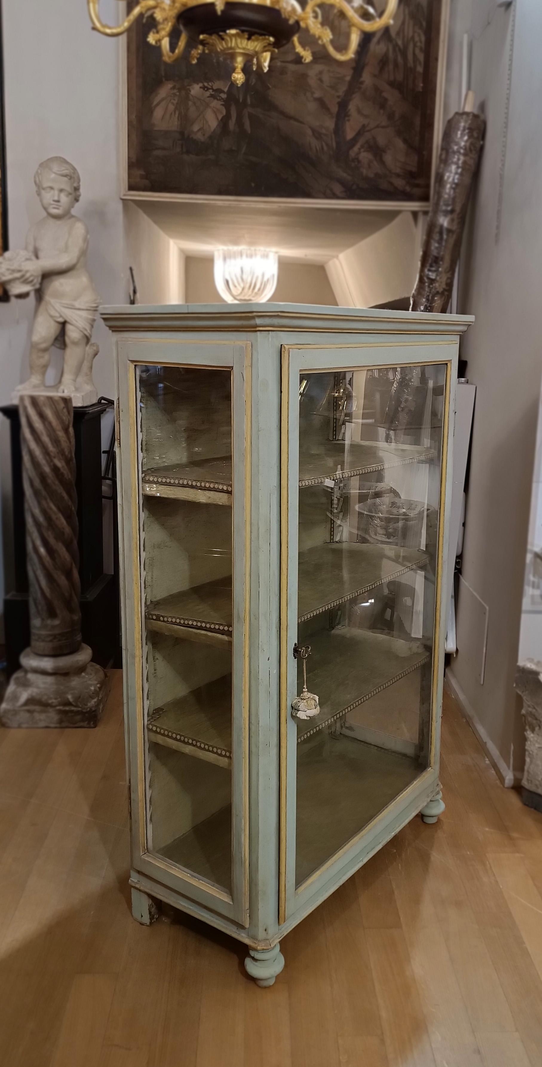 Italian  19th CENTURY DISPLAY CABINET IN PAINTED GREEN AND YELLOW POPLAR  For Sale