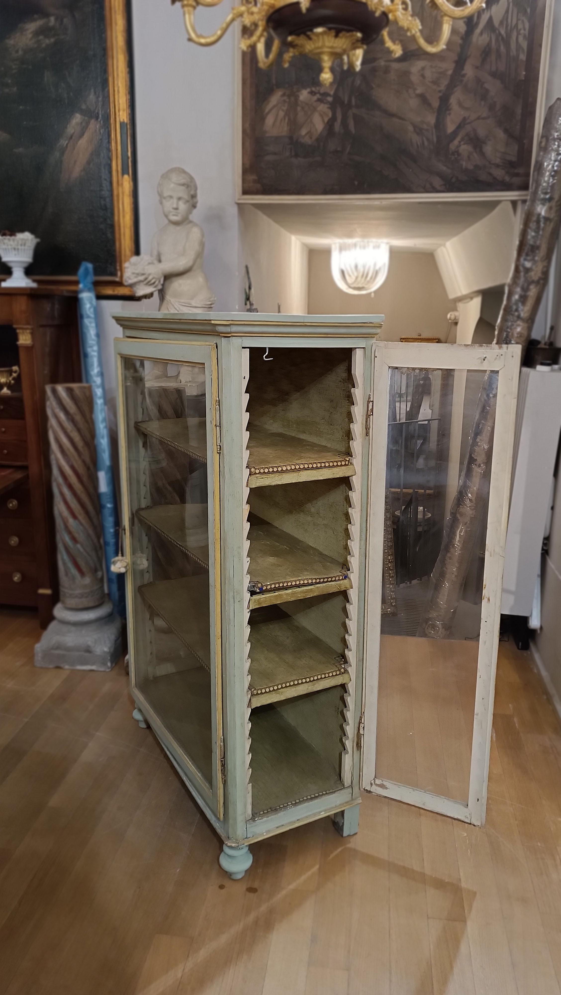19th Century  19th CENTURY DISPLAY CABINET IN PAINTED GREEN AND YELLOW POPLAR  For Sale