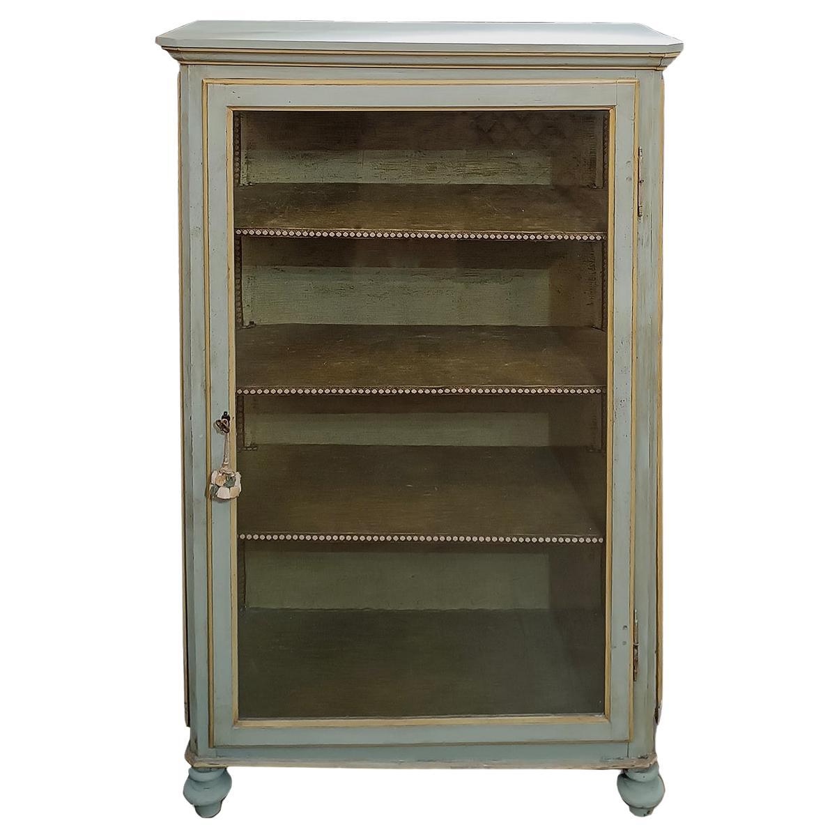  19th CENTURY DISPLAY CABINET IN PAINTED GREEN AND YELLOW POPLAR 