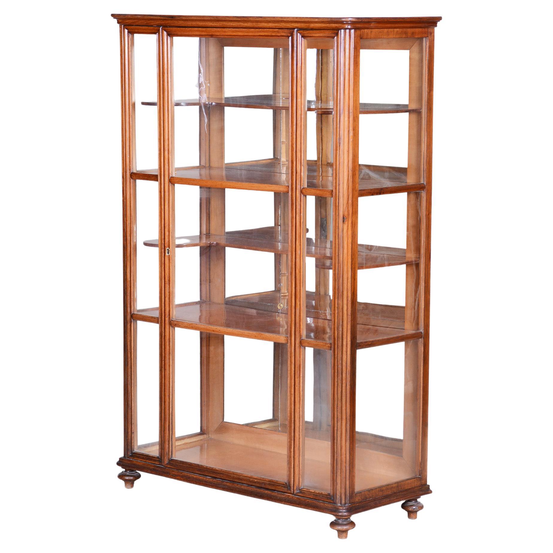 19th Century Display Cabinet Made in Bohemia, Fully Restored Walnut and Glass For Sale