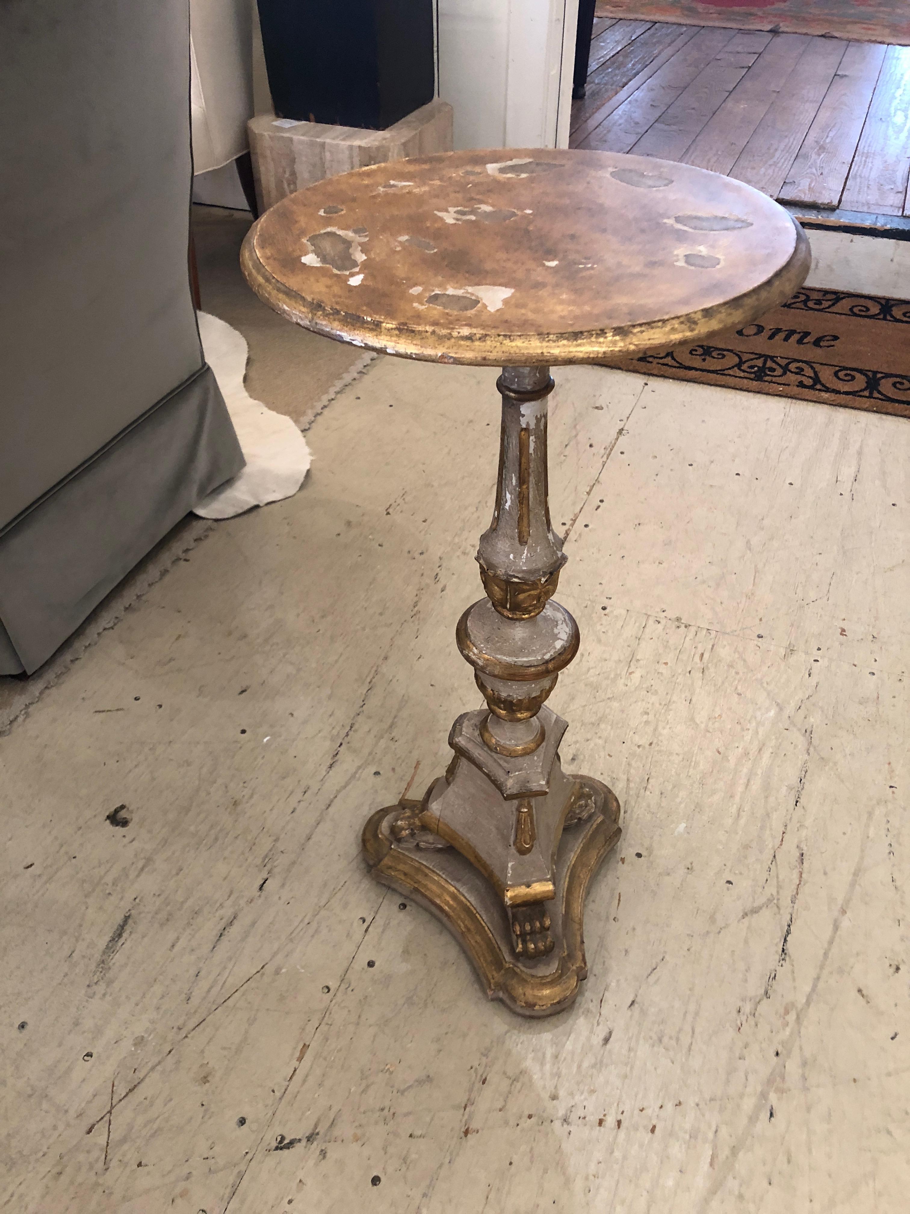 Wood 19th Century Distressed Taupe and Gold Venetian End Table Stand