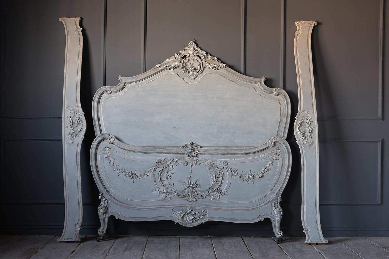 Hand-Carved 19th Century Distressed Finish Louis XV Style Bed Frame