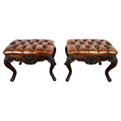 19th Century Distressed French Louis XV Benches in Walnut & Leather
