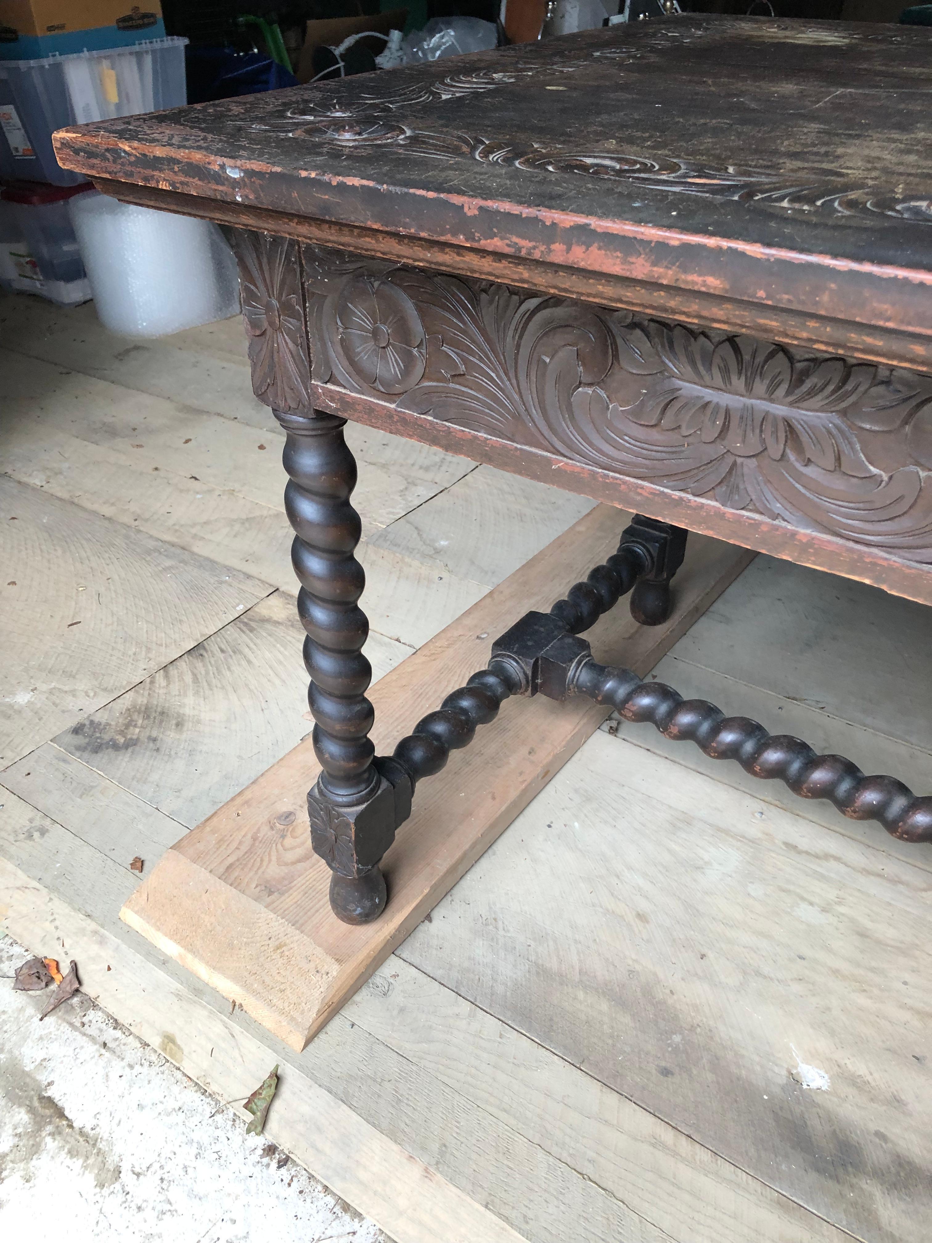 19th Century Distressed Spanish Carved Wood Dining Table or Writing Desk 7
