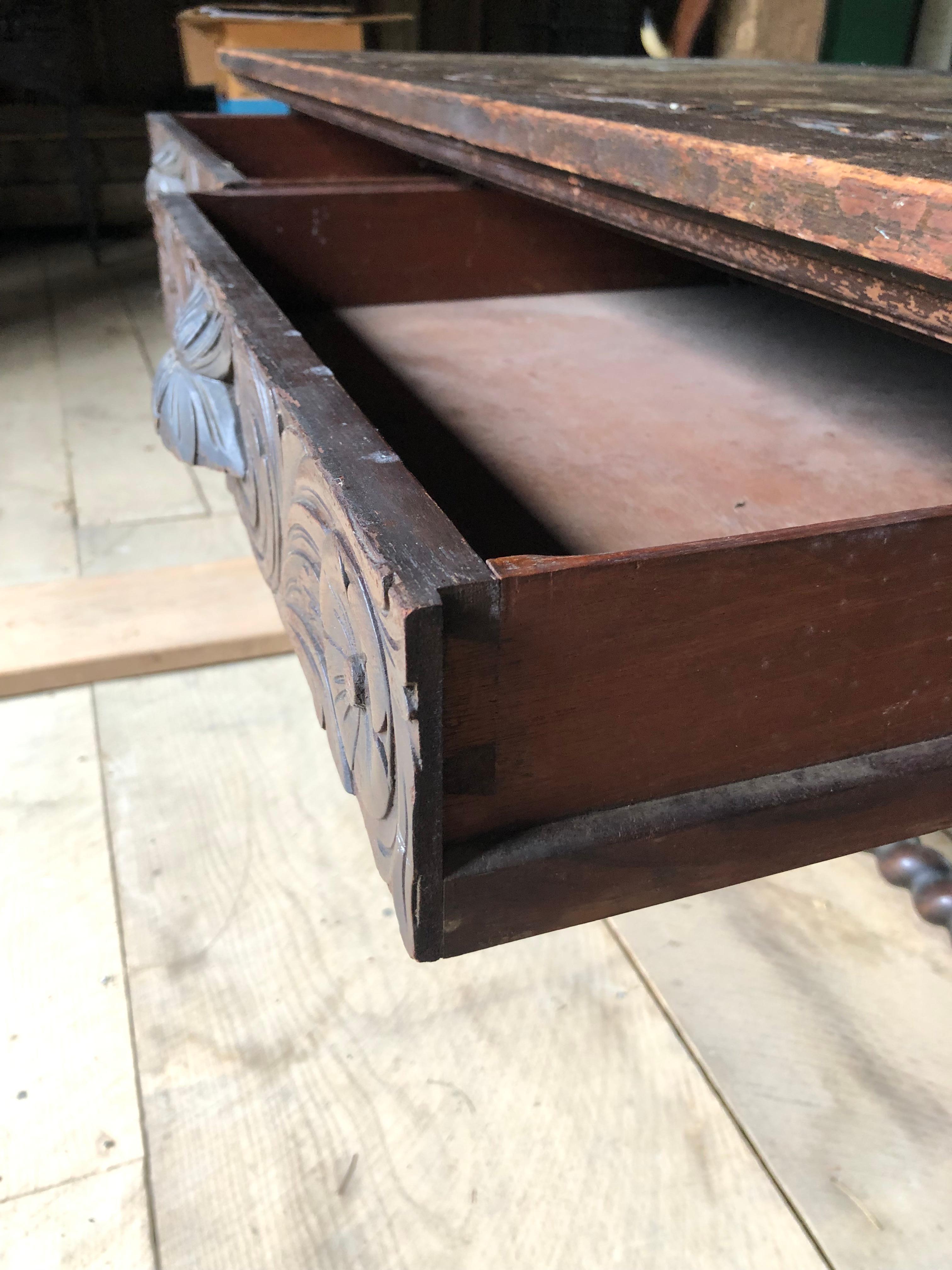 Spanish Colonial 19th Century Distressed Spanish Carved Wood Dining Table or Writing Desk