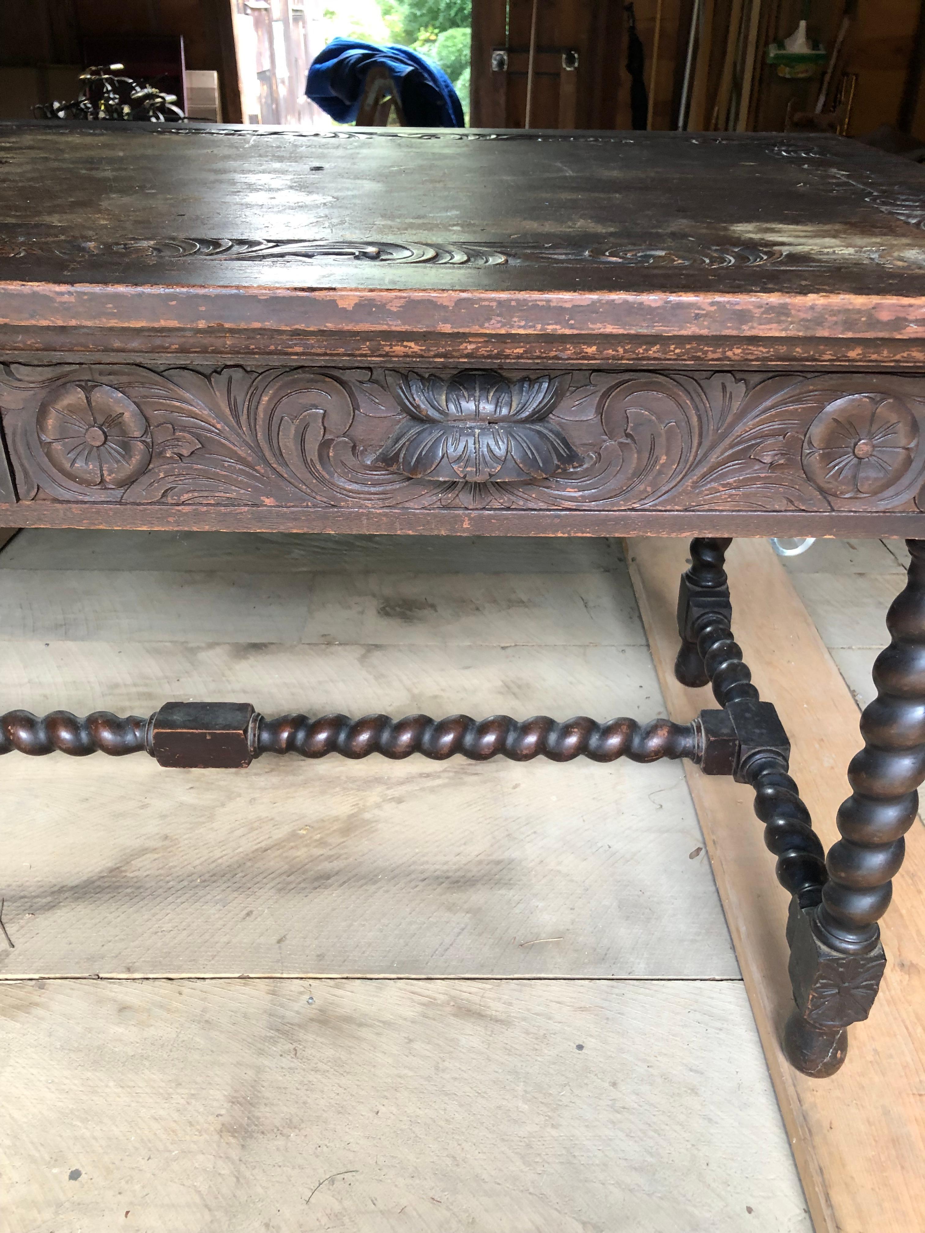 19th Century Distressed Spanish Carved Wood Dining Table or Writing Desk In Distressed Condition In Hopewell, NJ