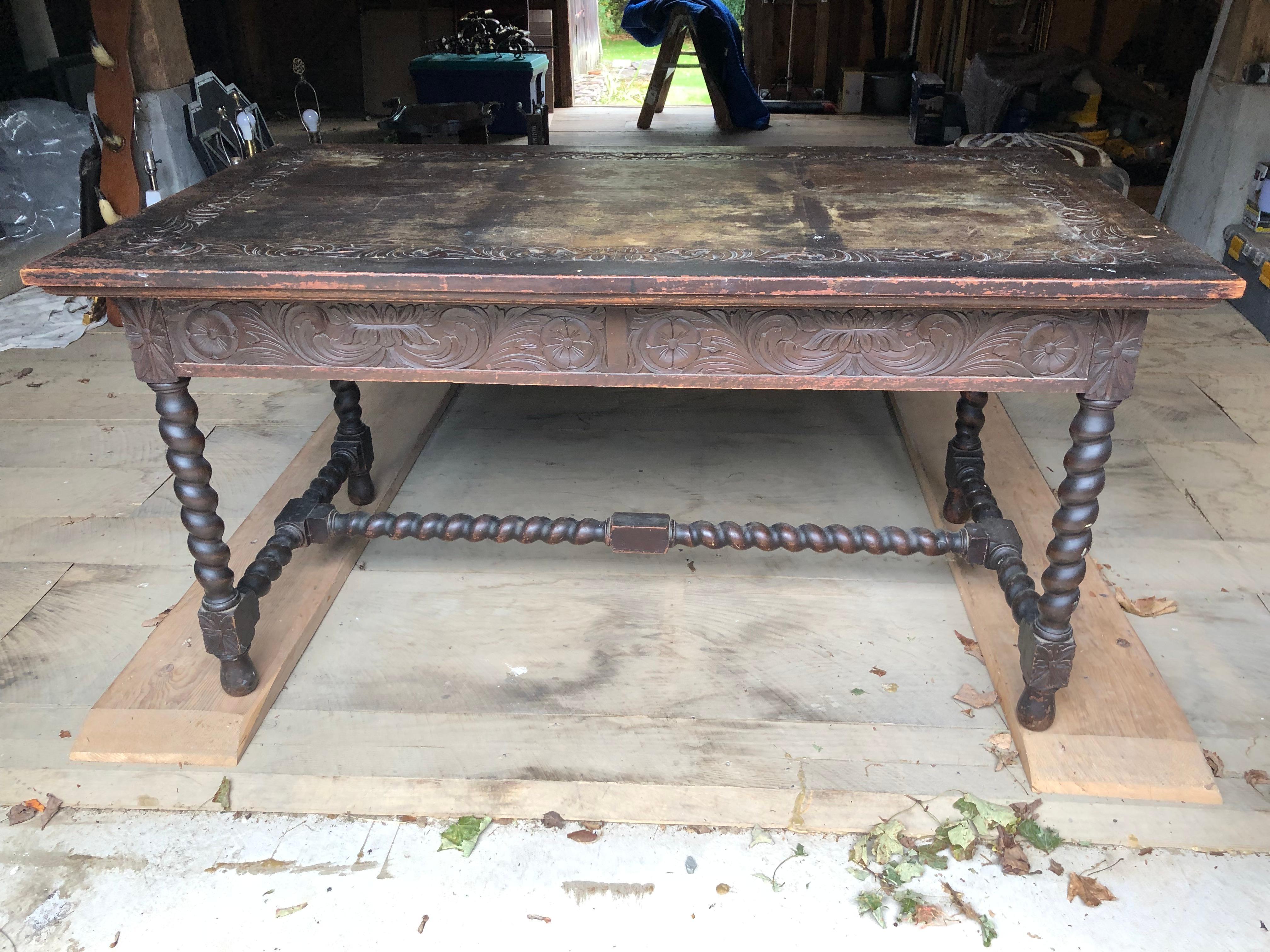 19th Century Distressed Spanish Carved Wood Dining Table or Writing Desk 3