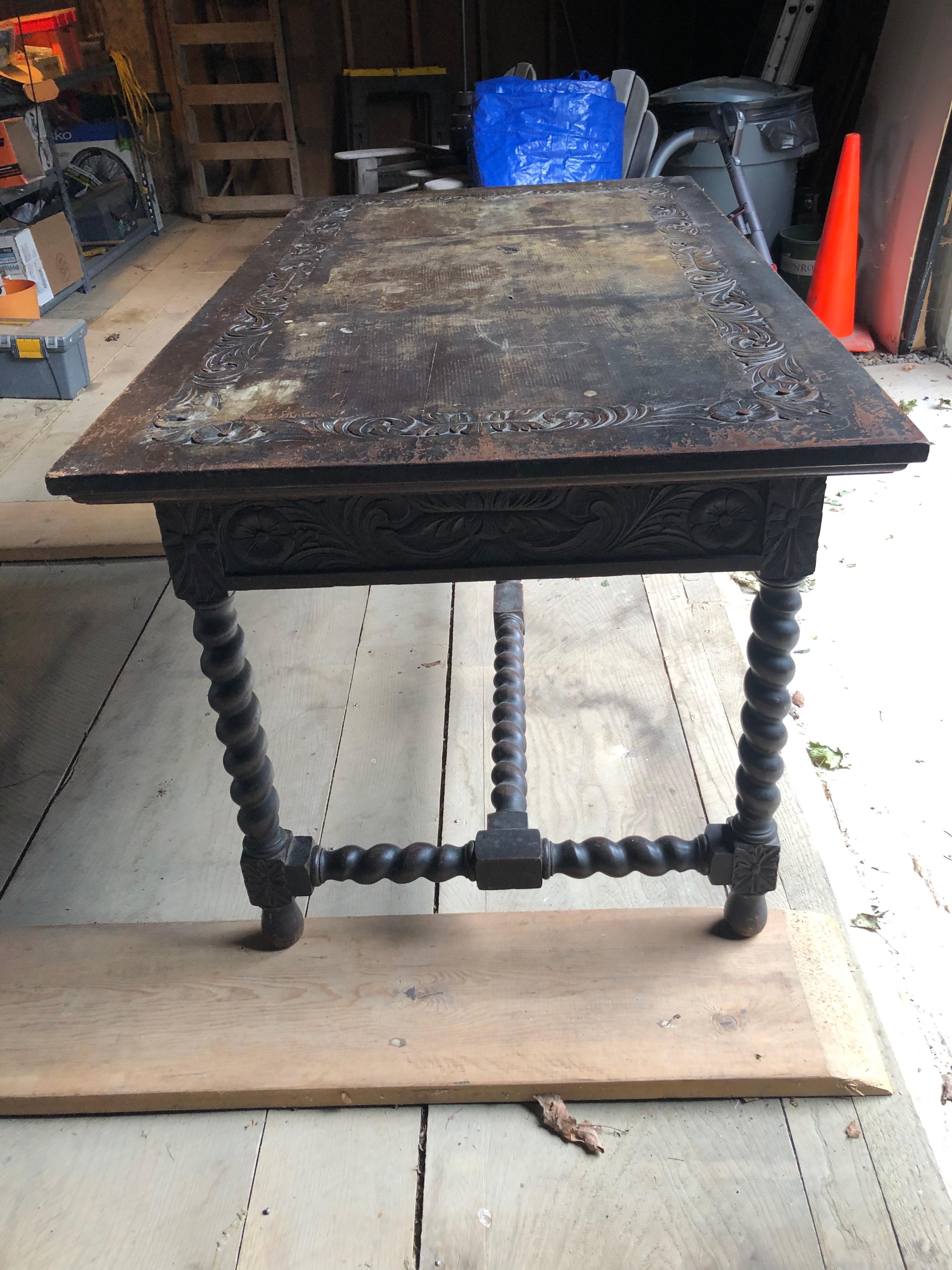 19th Century Distressed Spanish Carved Wood Dining Table or Writing Desk 4