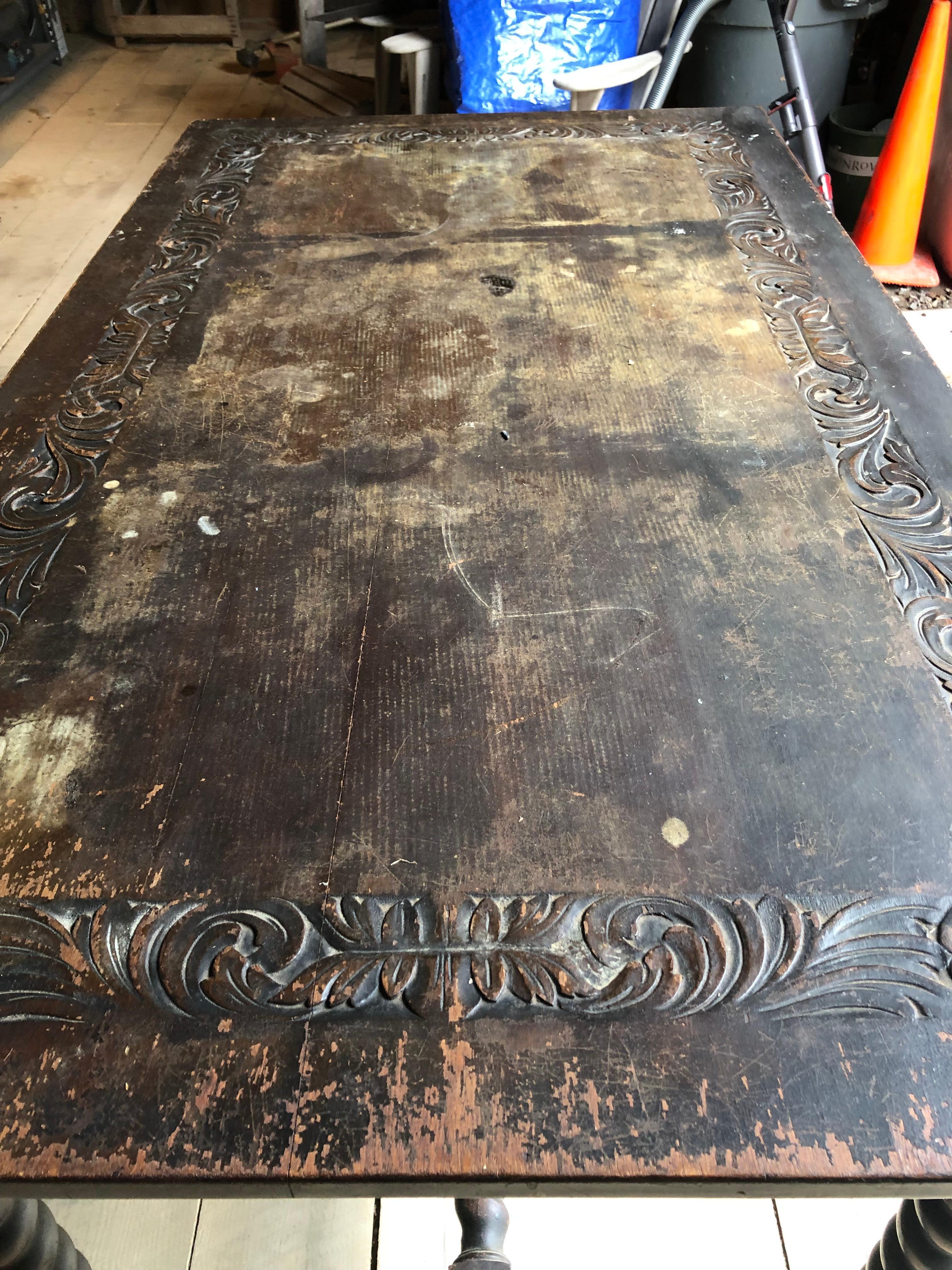 19th Century Distressed Spanish Carved Wood Dining Table or Writing Desk 5