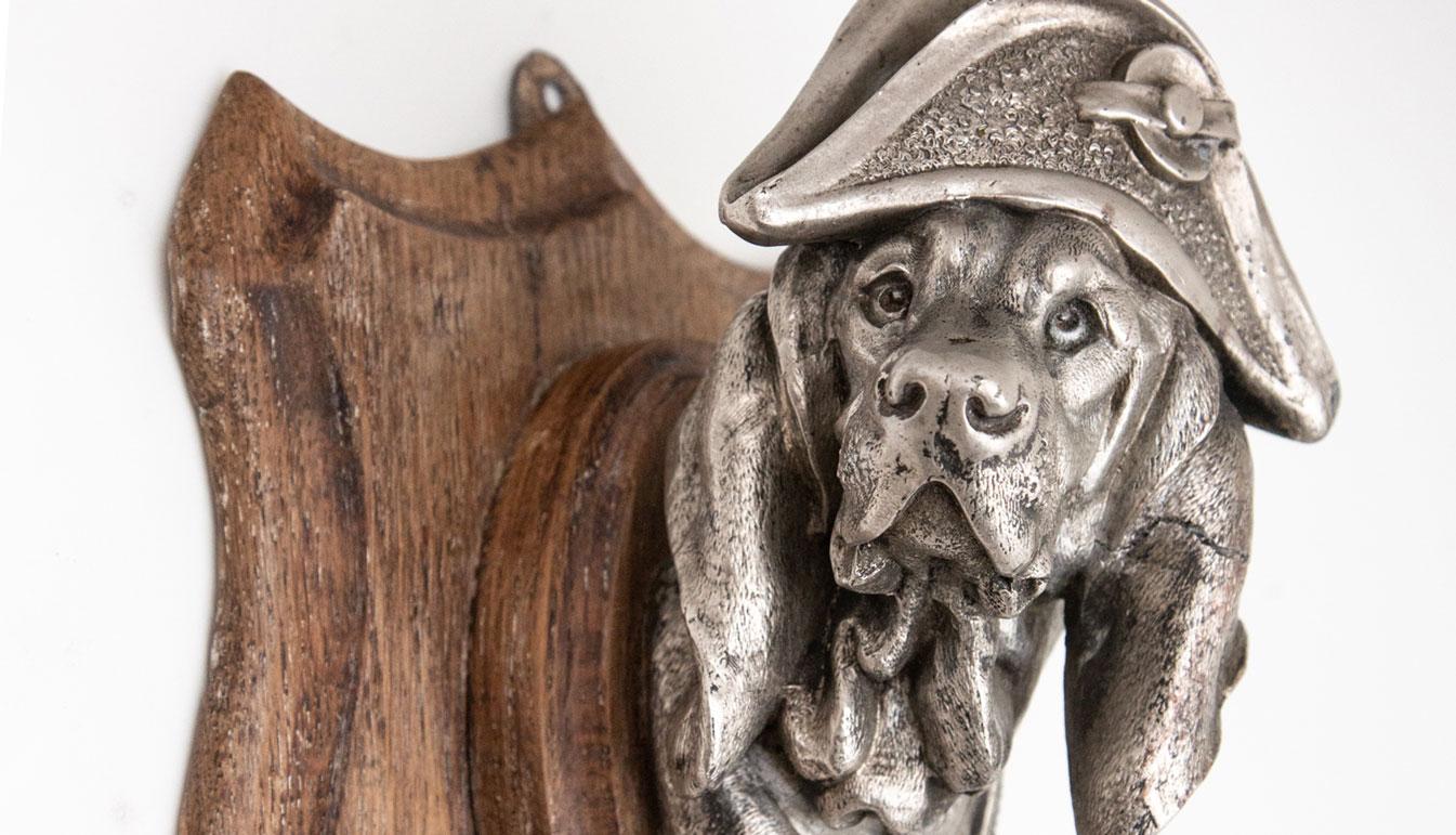 Metal 19th Century Dog in Napoleon Hat on Wooden Plaque