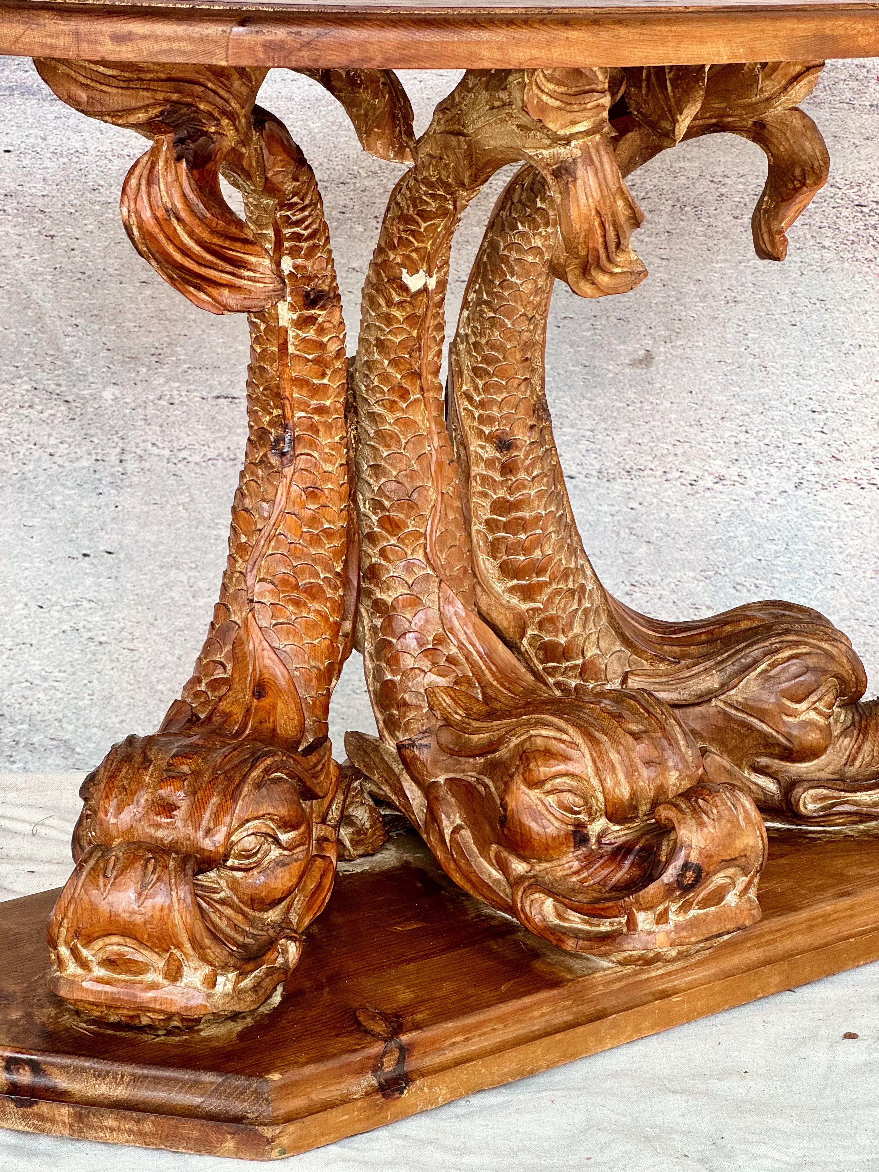 19th Century Dolphin Form Carved Pine Console Table 3