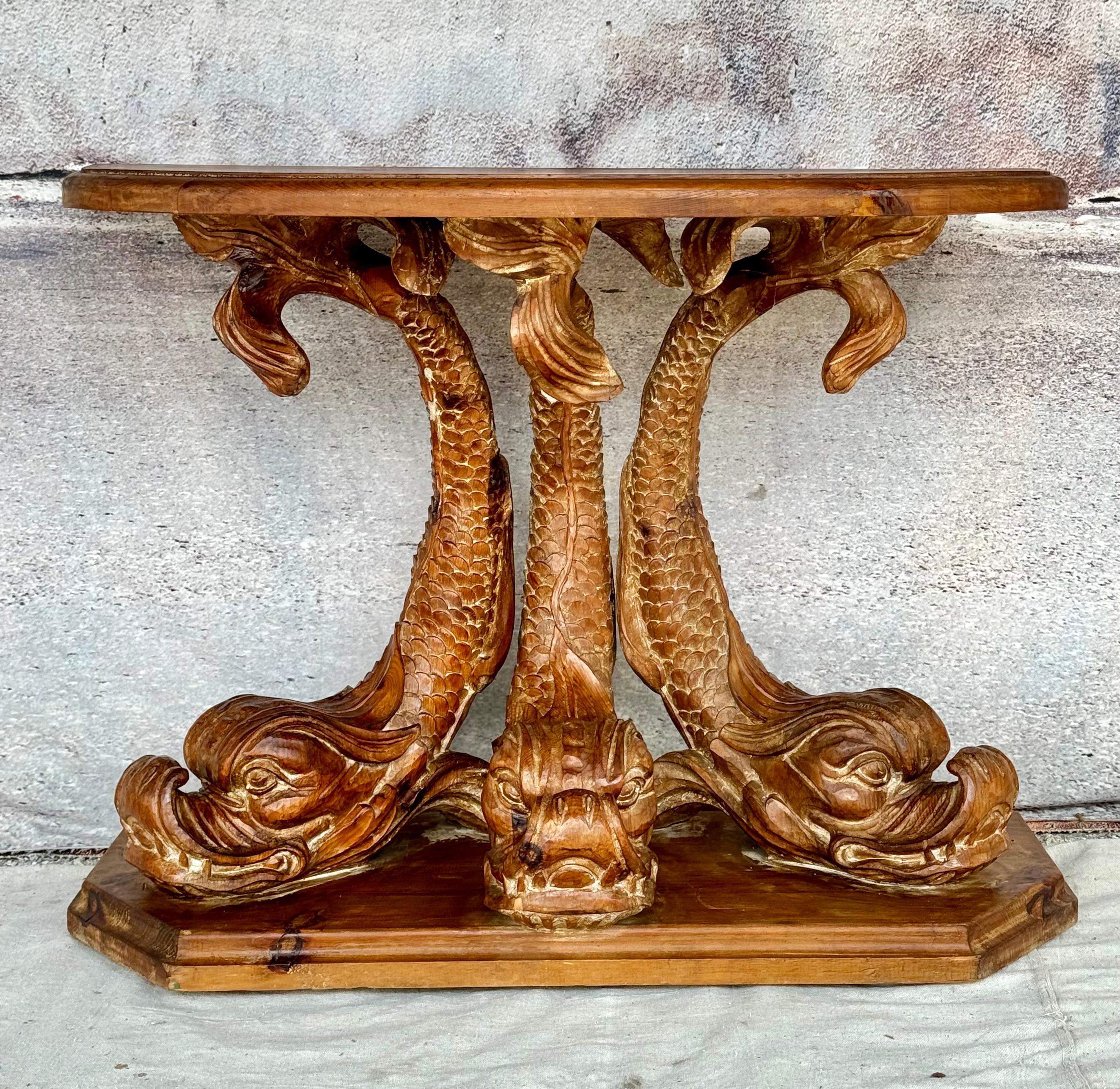 19th Century Dolphin Form Carved Pine Console Table 4