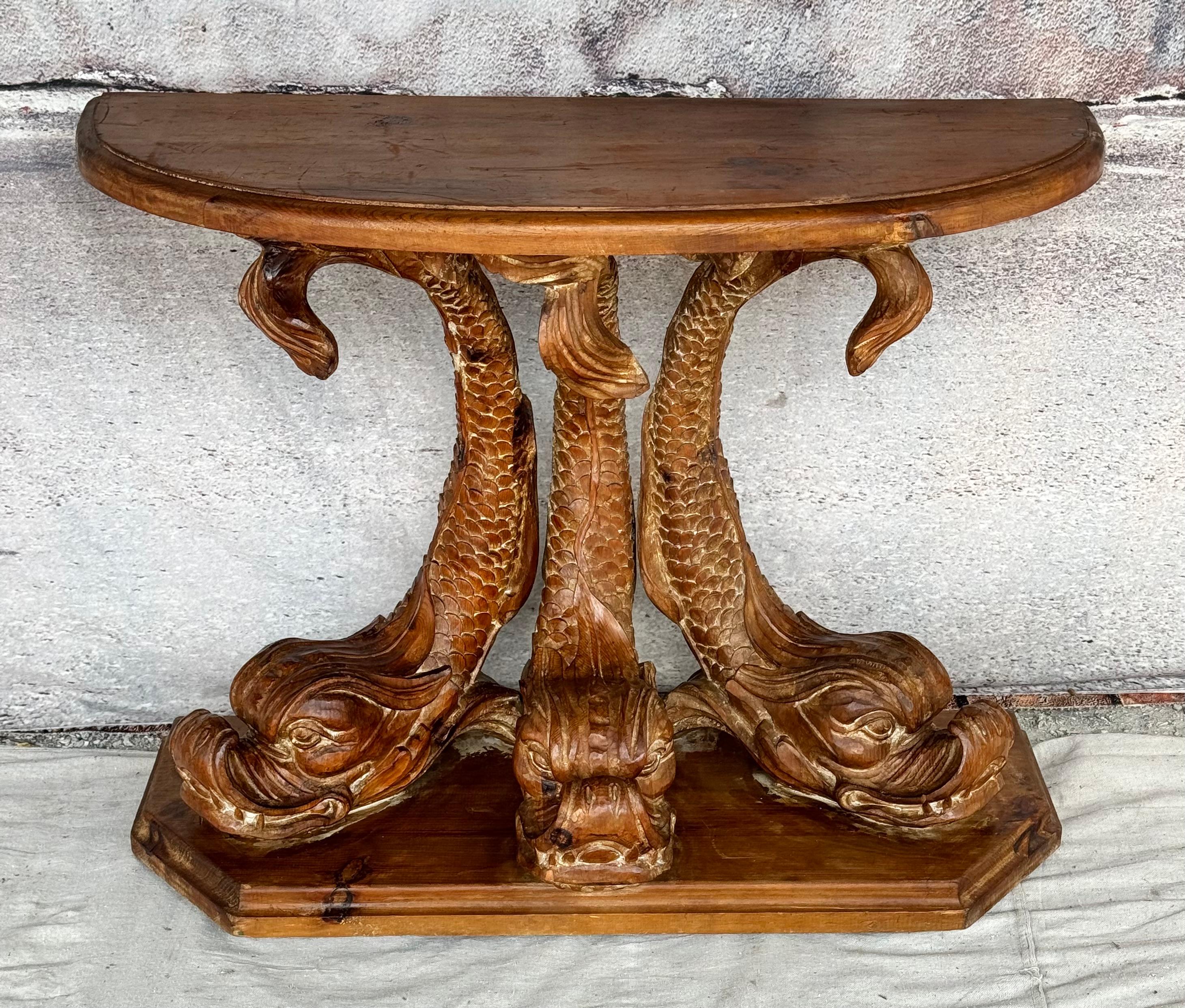 19th Century Dolphin Form Carved Pine Console Table 5