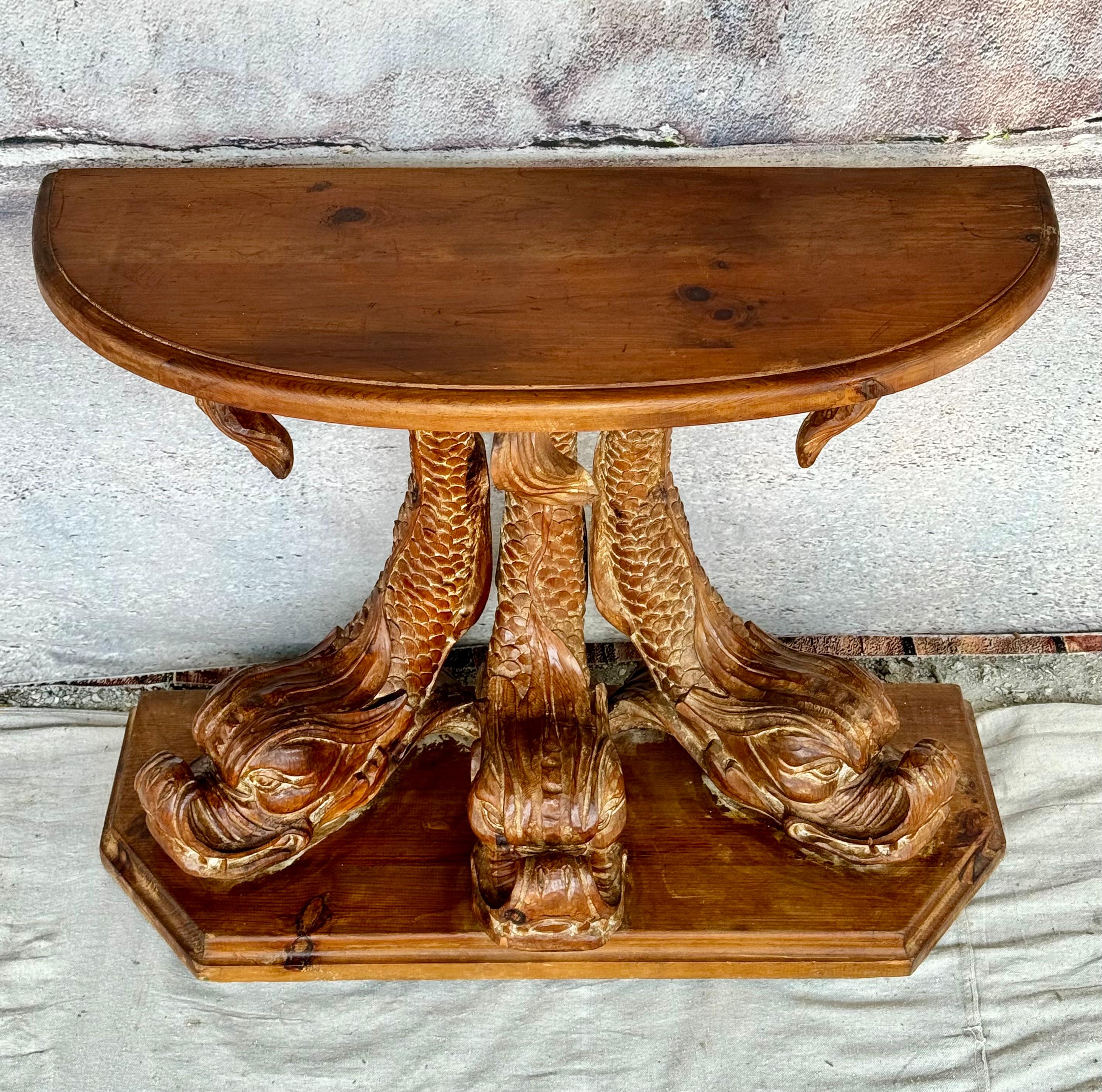 Hollywood Regency 19th Century Dolphin Form Carved Pine Console Table