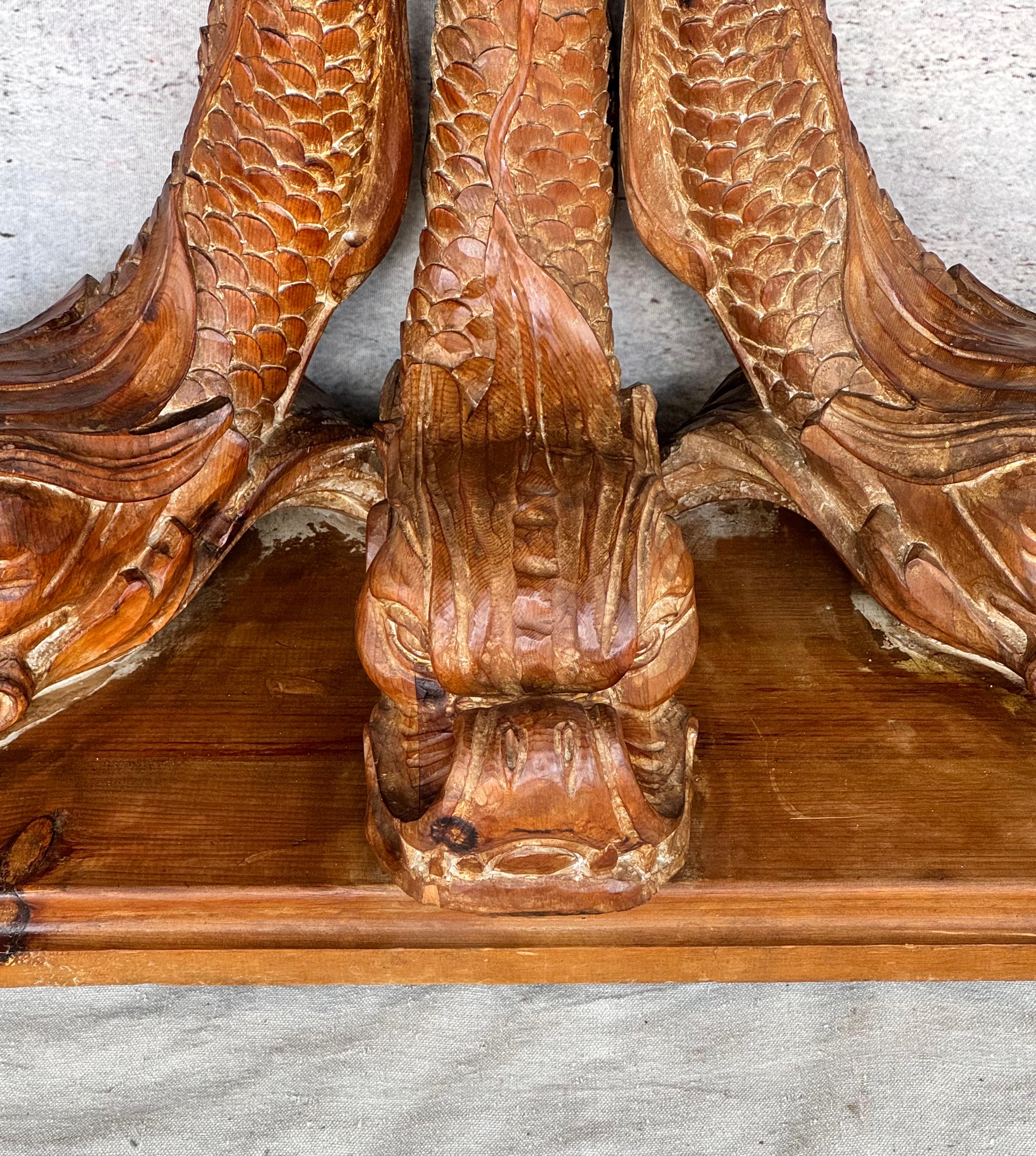 Hand-Carved 19th Century Dolphin Form Carved Pine Console Table