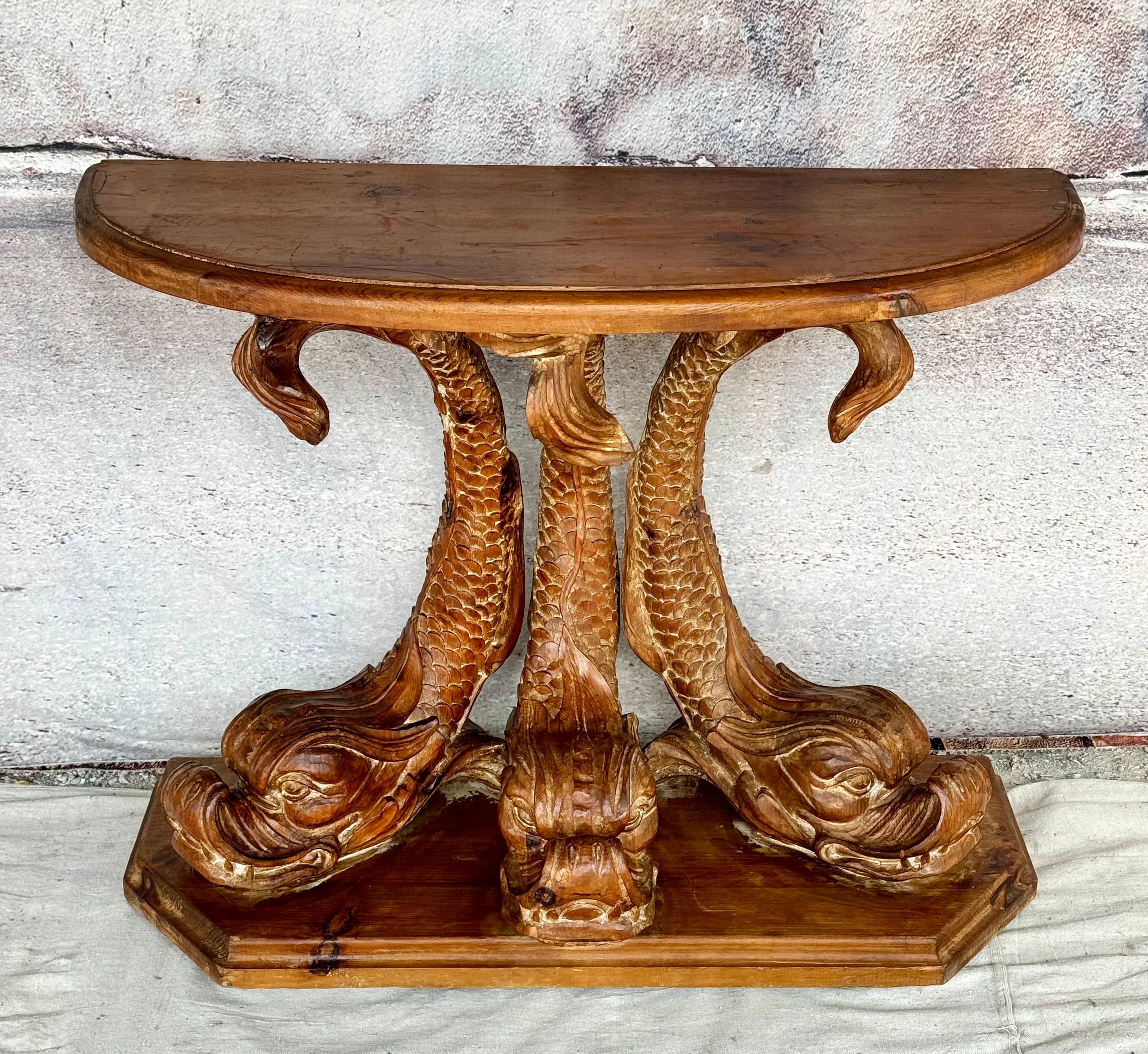 19th Century Dolphin Form Carved Pine Console Table In Good Condition In Bradenton, FL