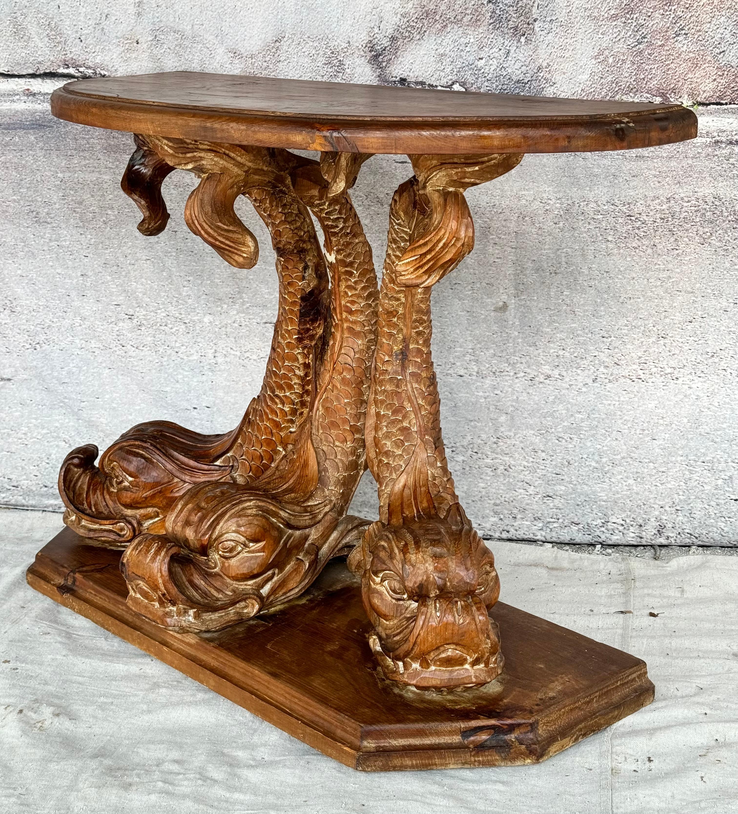 19th Century Dolphin Form Carved Pine Console Table 1