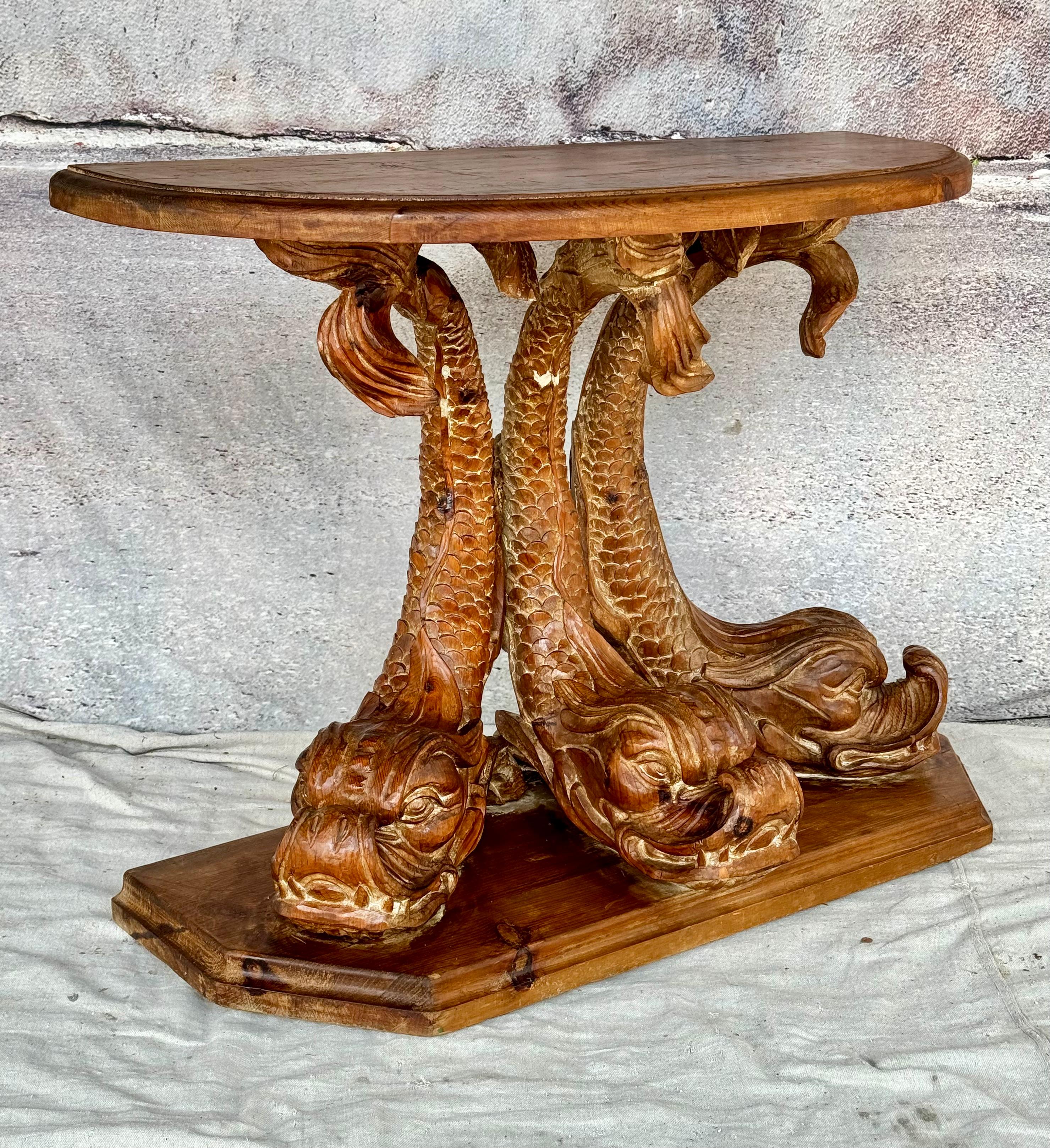 19th Century Dolphin Form Carved Pine Console Table 2