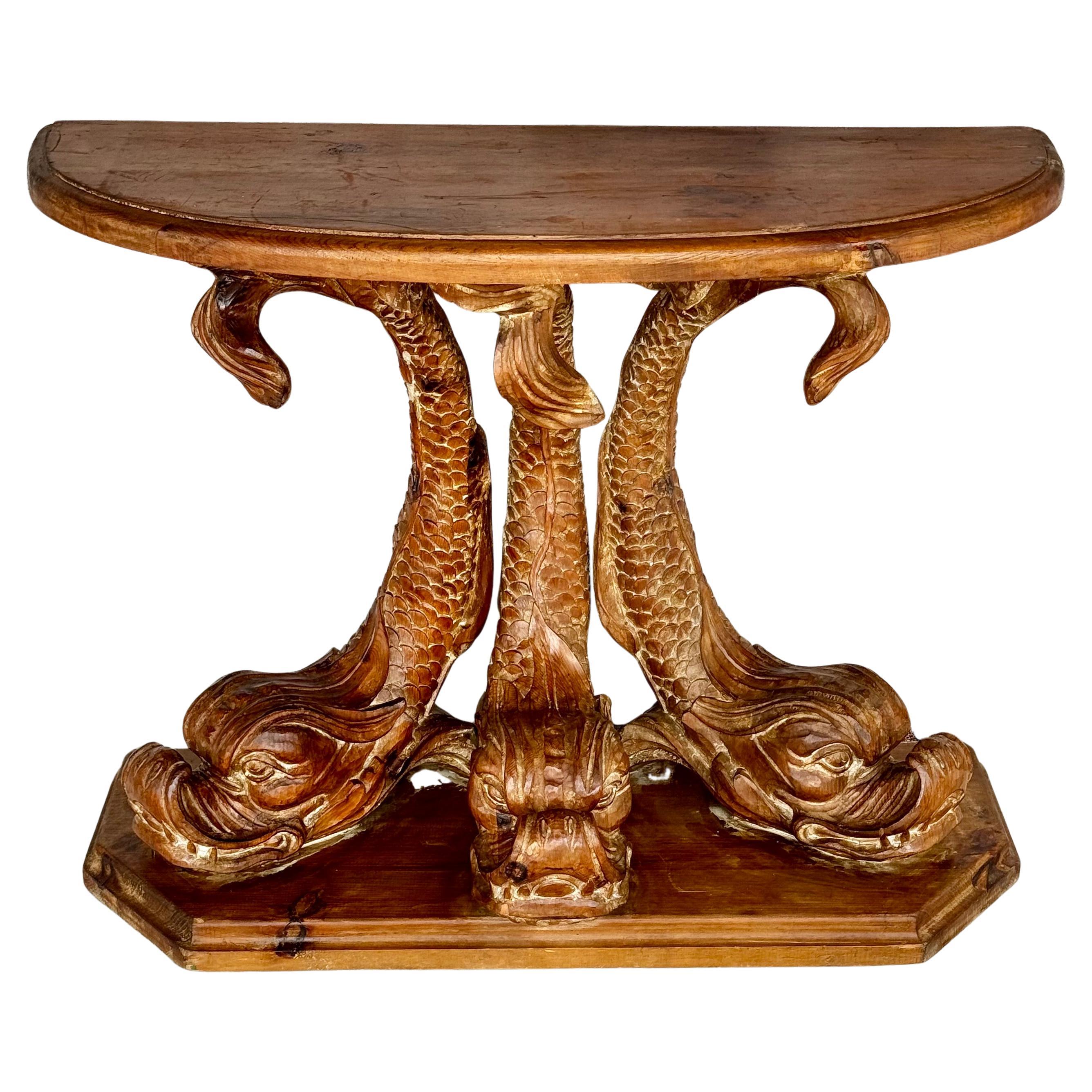 19th Century Dolphin Form Carved Pine Console Table