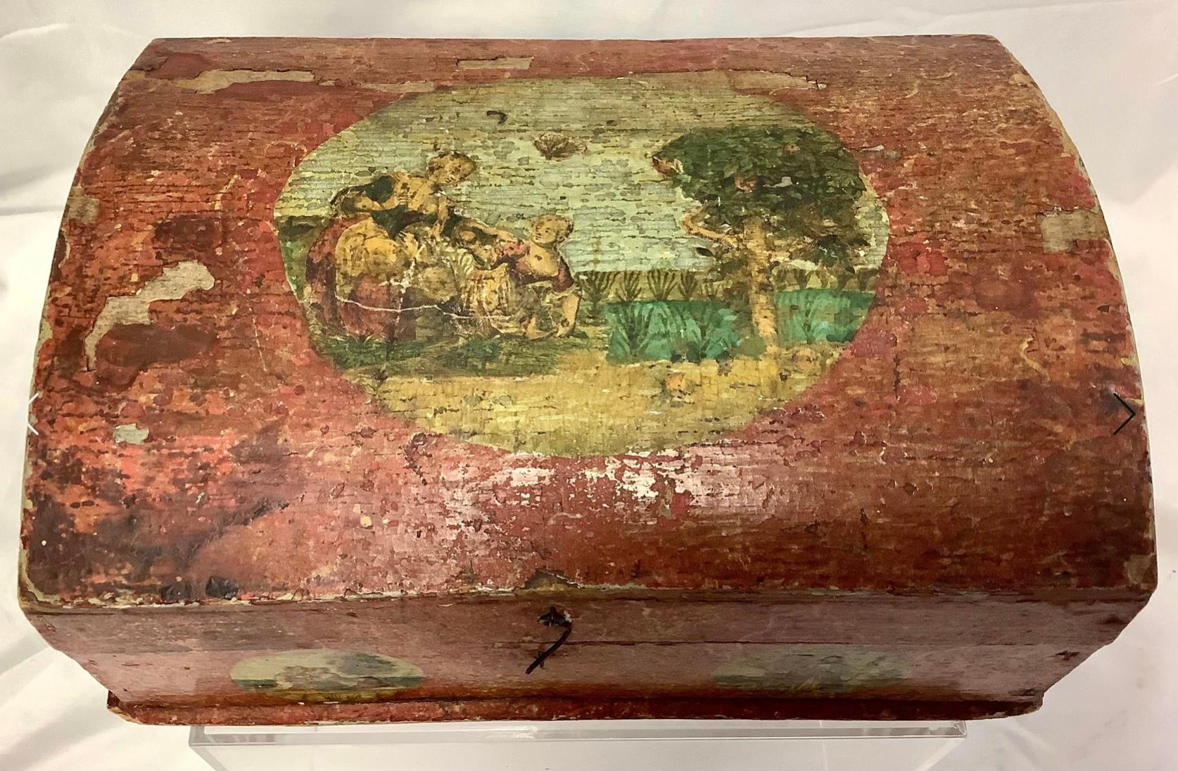 19th Century antique domed painted Italian decoupage chest/box. Outdoor scenes with characters throughout on red background.