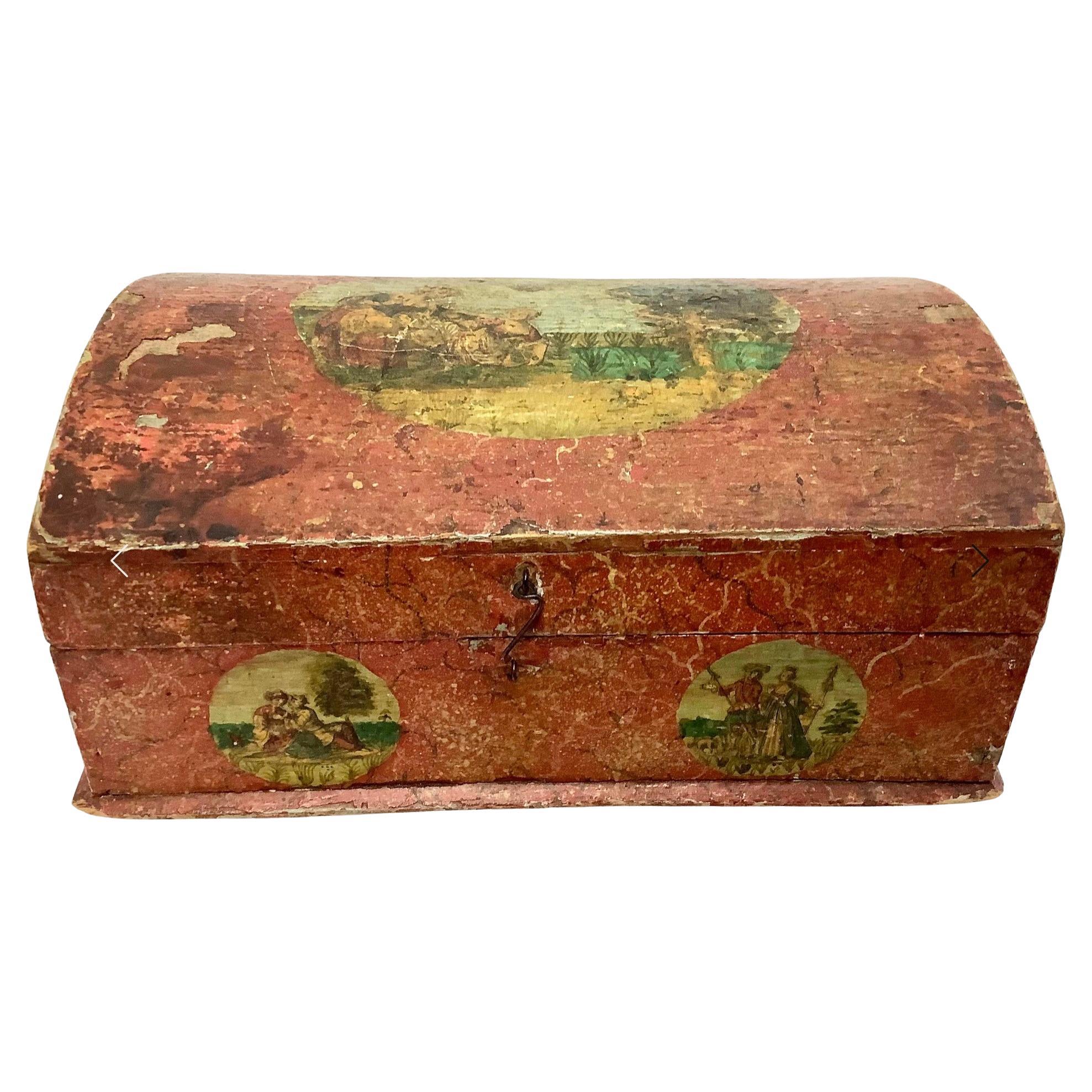 19th Century Domed Painted Decoupage Wooden Box For Sale