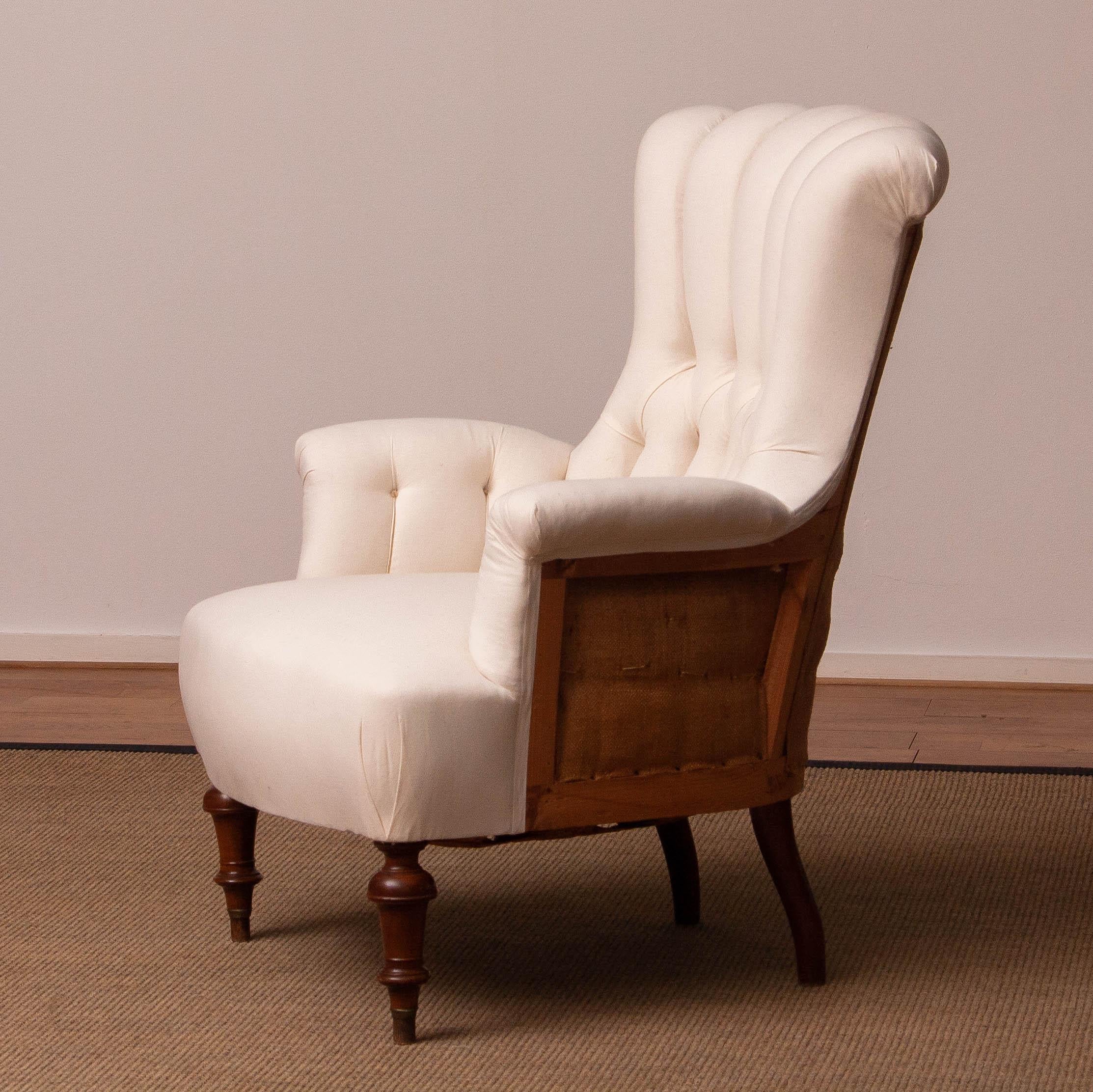 Swedish 19th Century Domestic Cotton Victorian 'Deconstructed' Tufted Scroll-Back Chair For Sale