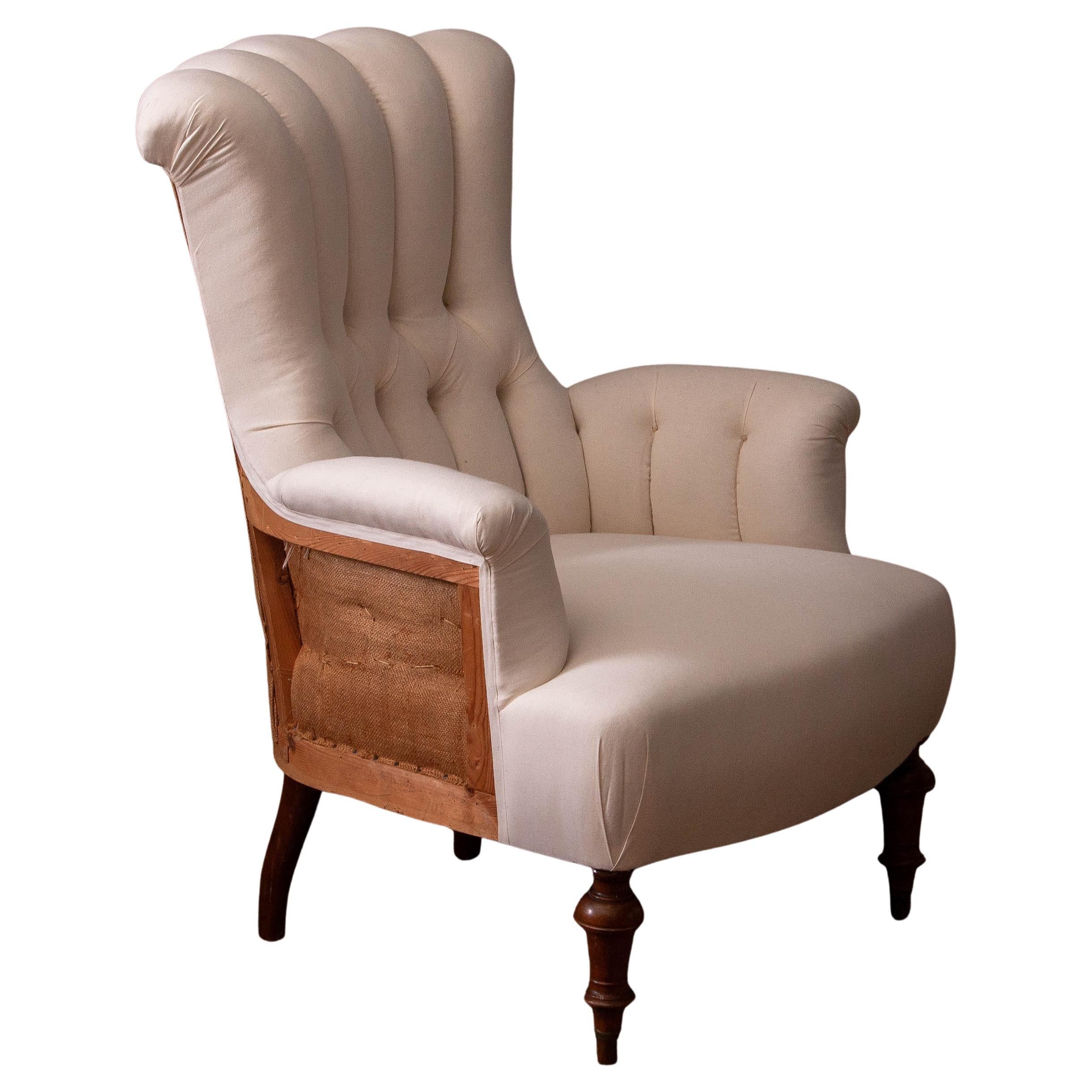 19th Century Domestic Cotton Victorian 'Deconstructed' Tufted Scroll-Back Chair For Sale