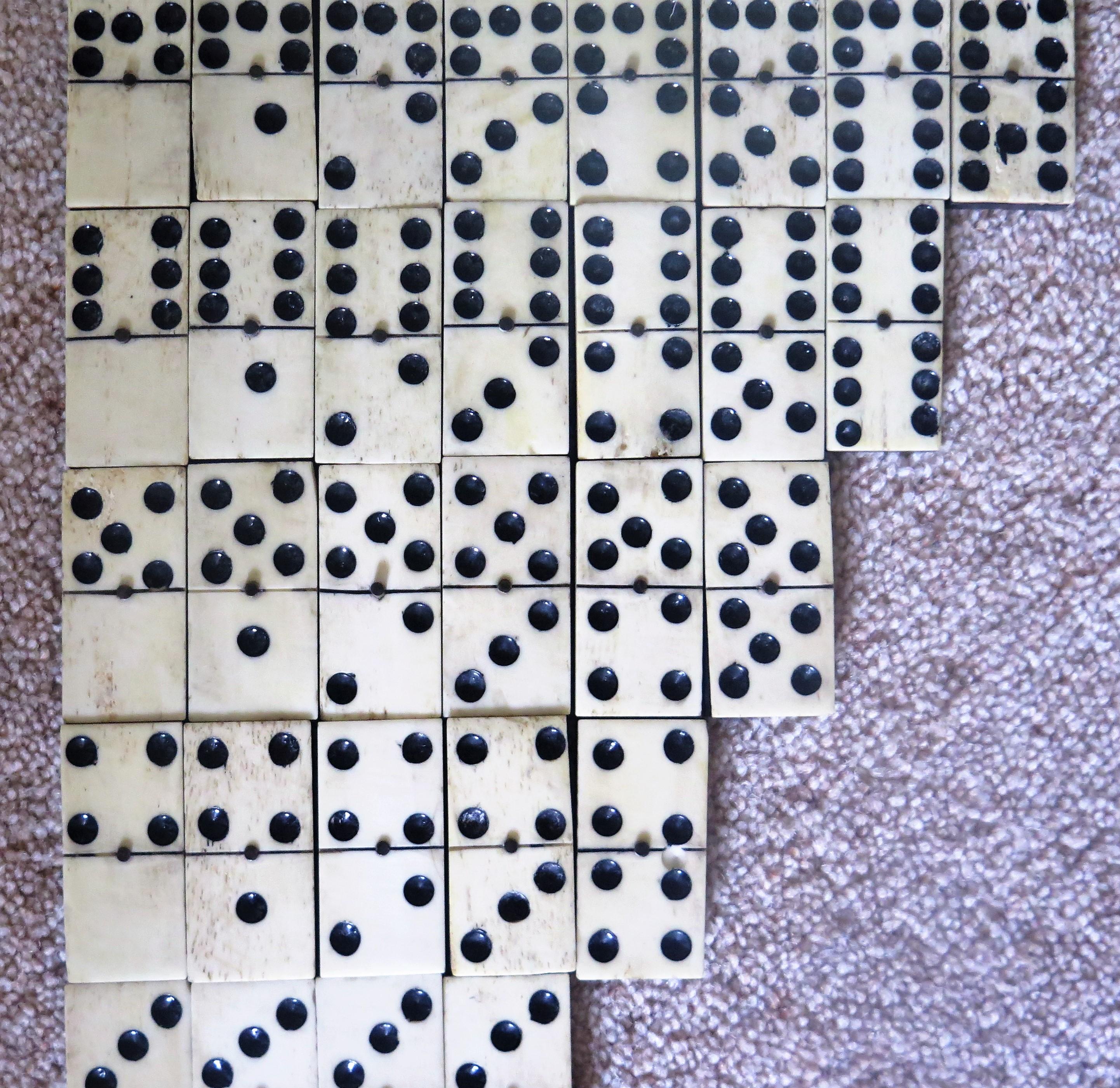 19th Century Dominoe Game 55 Piece Complete Set Double 9 Bovine Bone Spinners 3