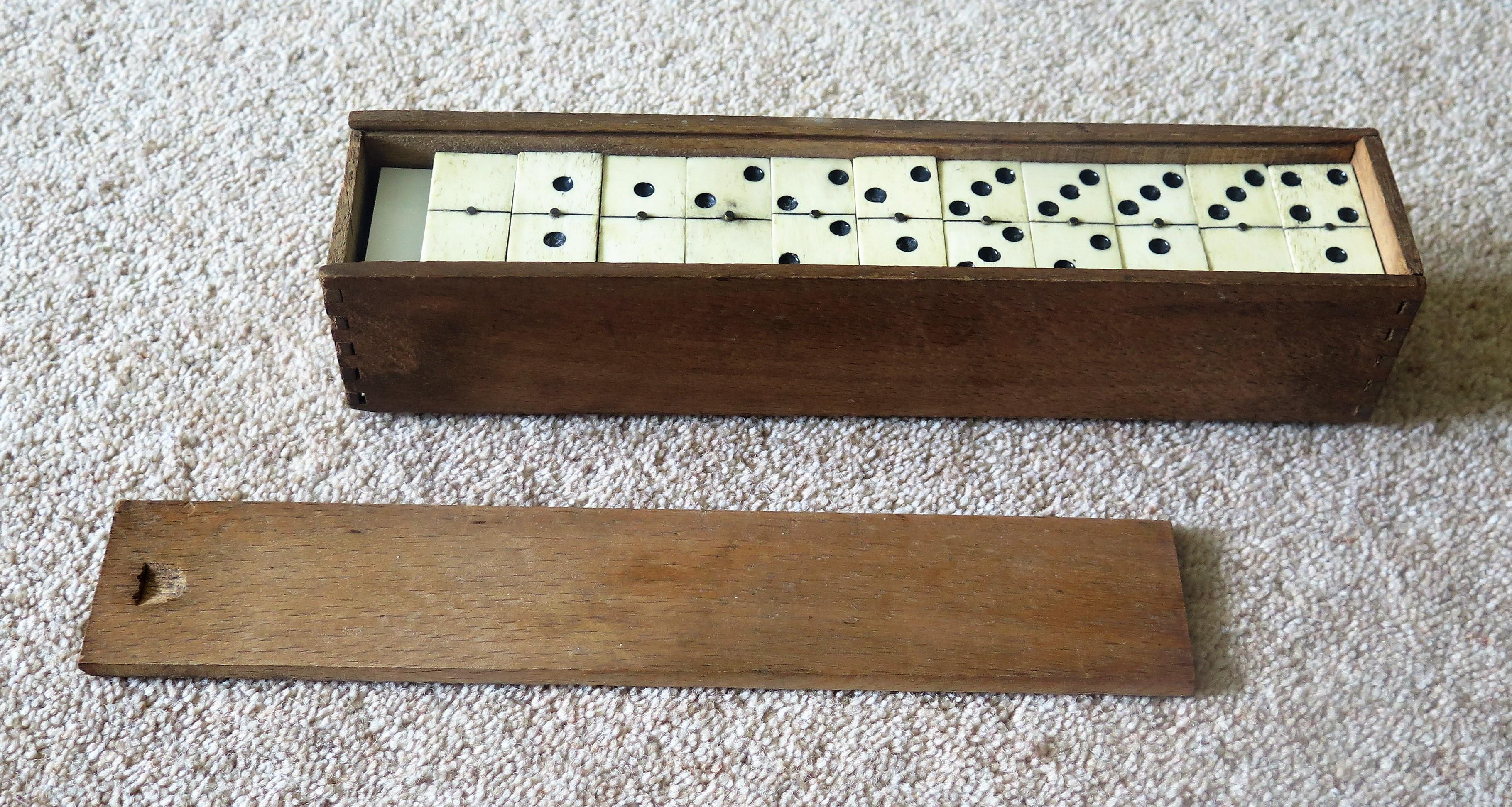 19th Century Dominoe Game 55 Piece Complete Set Double 9 Bovine Bone Spinners 7