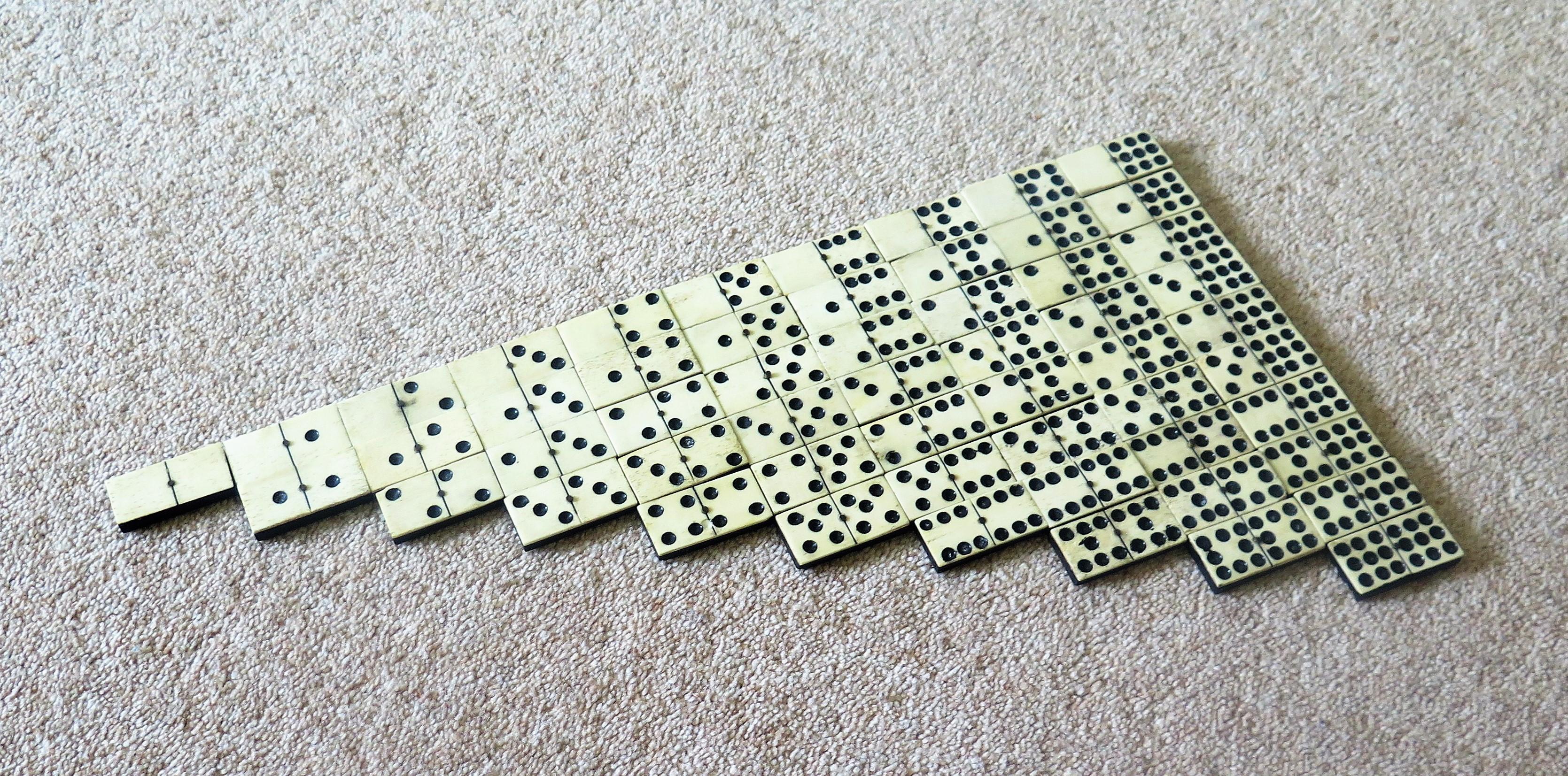 English 19th Century Dominoe Game 55 Piece Complete Set Double 9 Bovine Bone Spinners