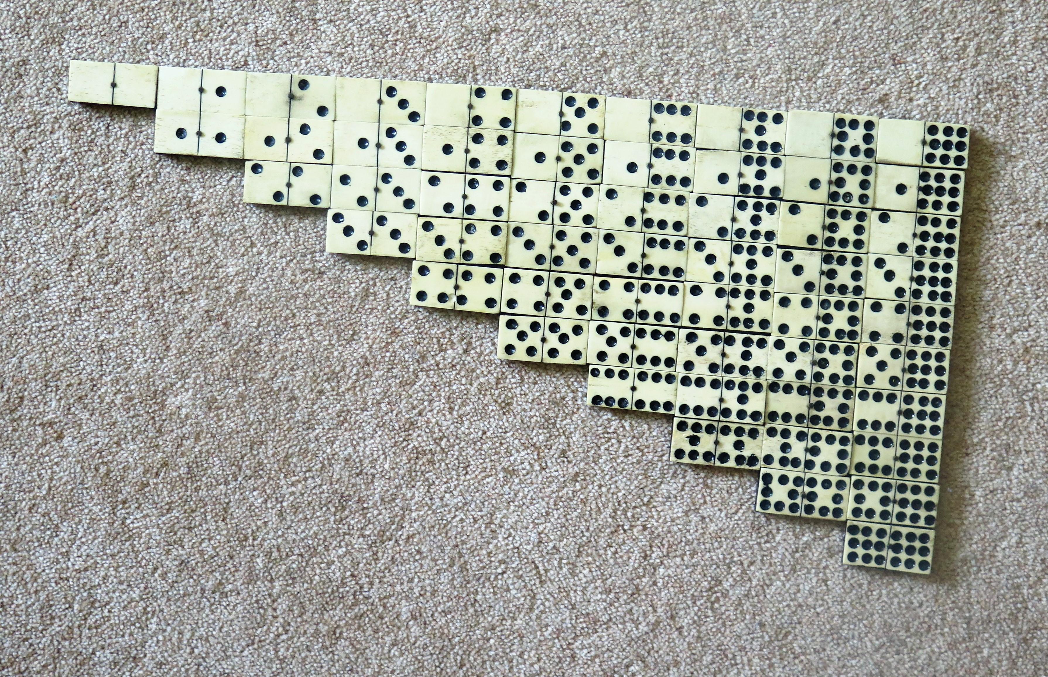 Ebonized 19th Century Dominoe Game 55 Piece Complete Set Double 9 Bovine Bone Spinners