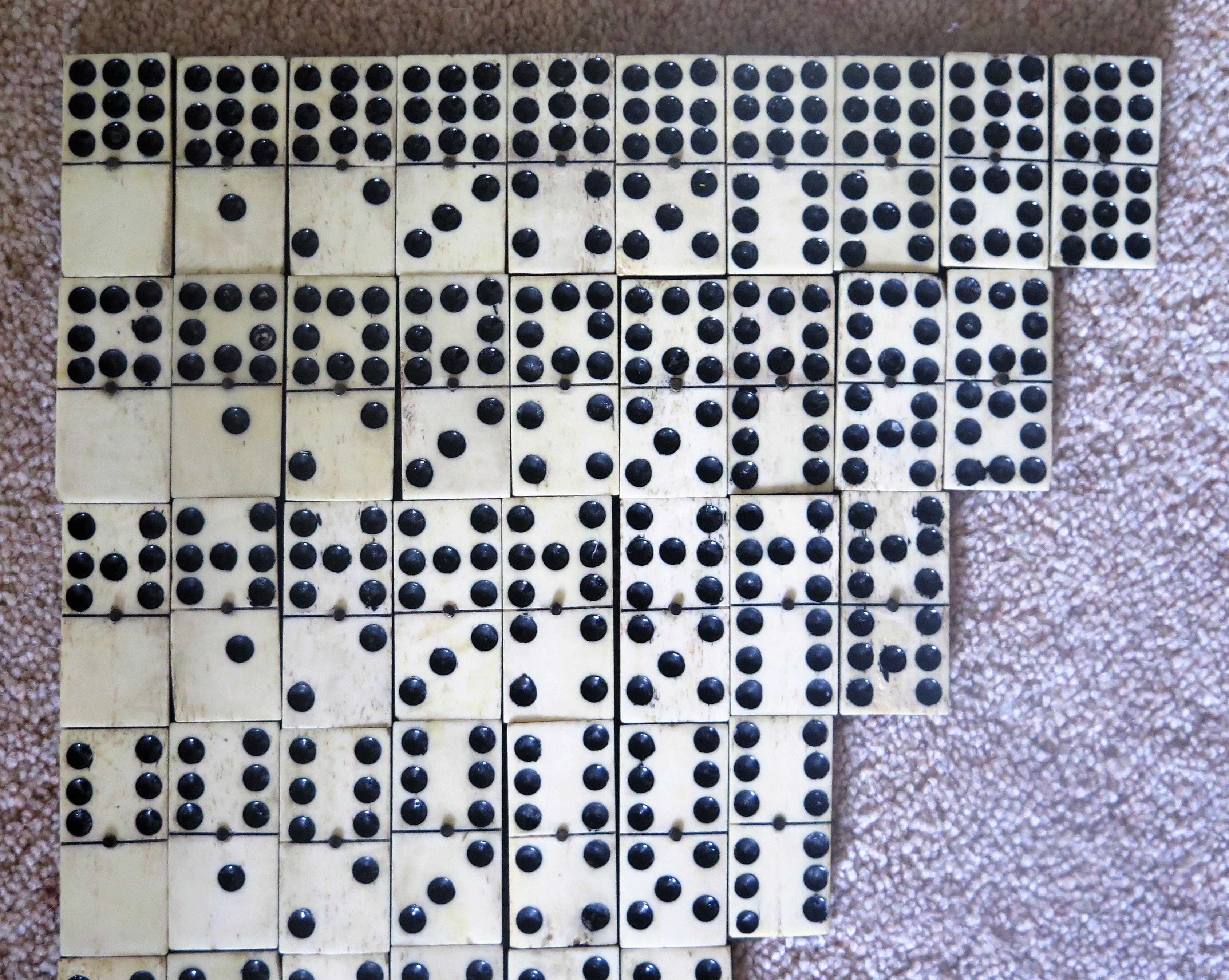 19th Century Dominoe Game 55 Piece Complete Set Double 9 Bovine Bone Spinners 2