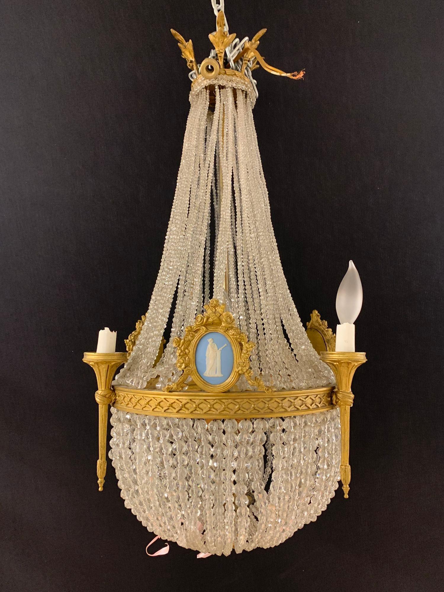 Late 19th Century 19th Century Dore Bronze Chandelier, Louis XVI, Wedgewood Plaques