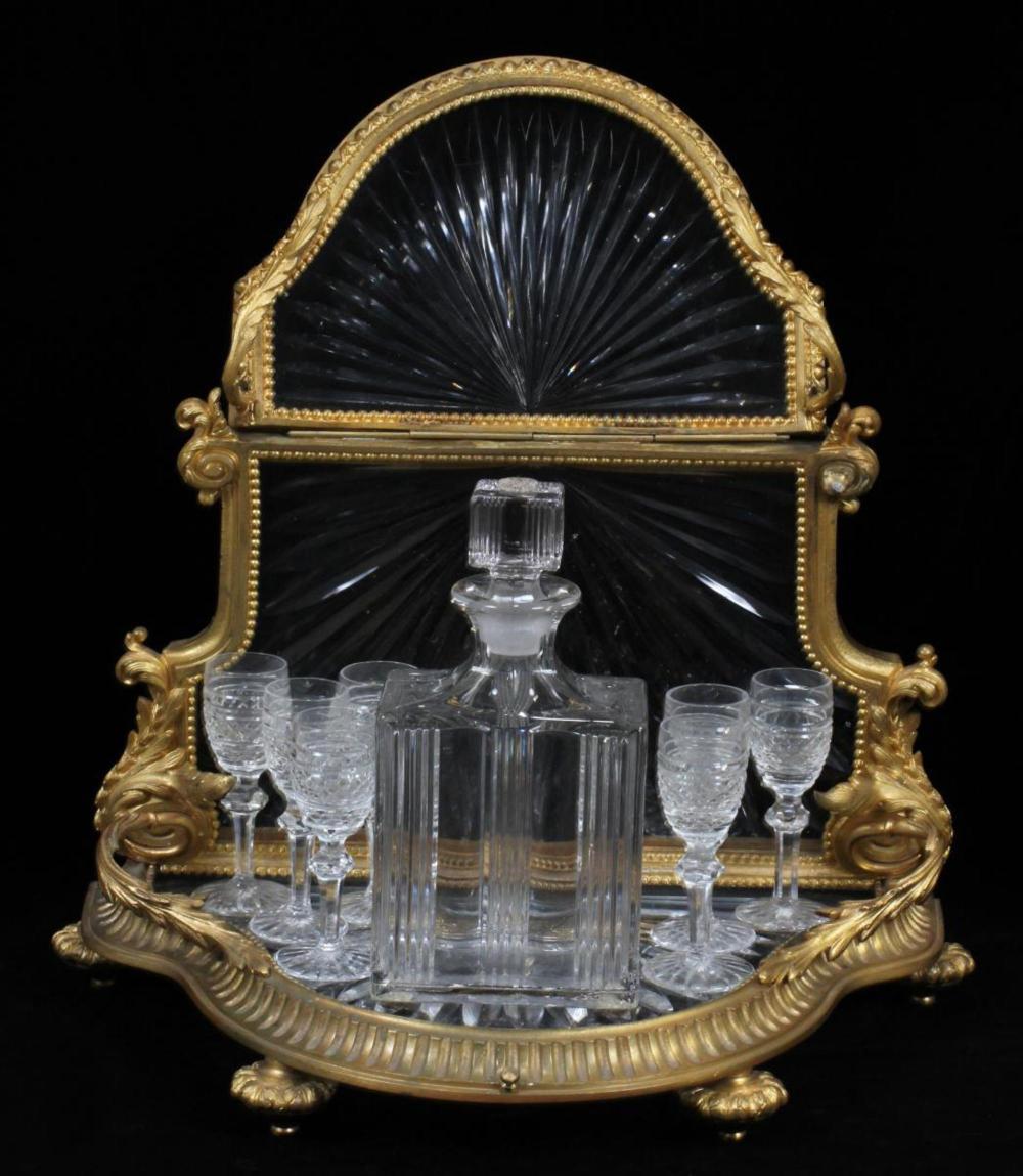 Dore bronze and crystal tantalus set, 19th century, H 11 1/2